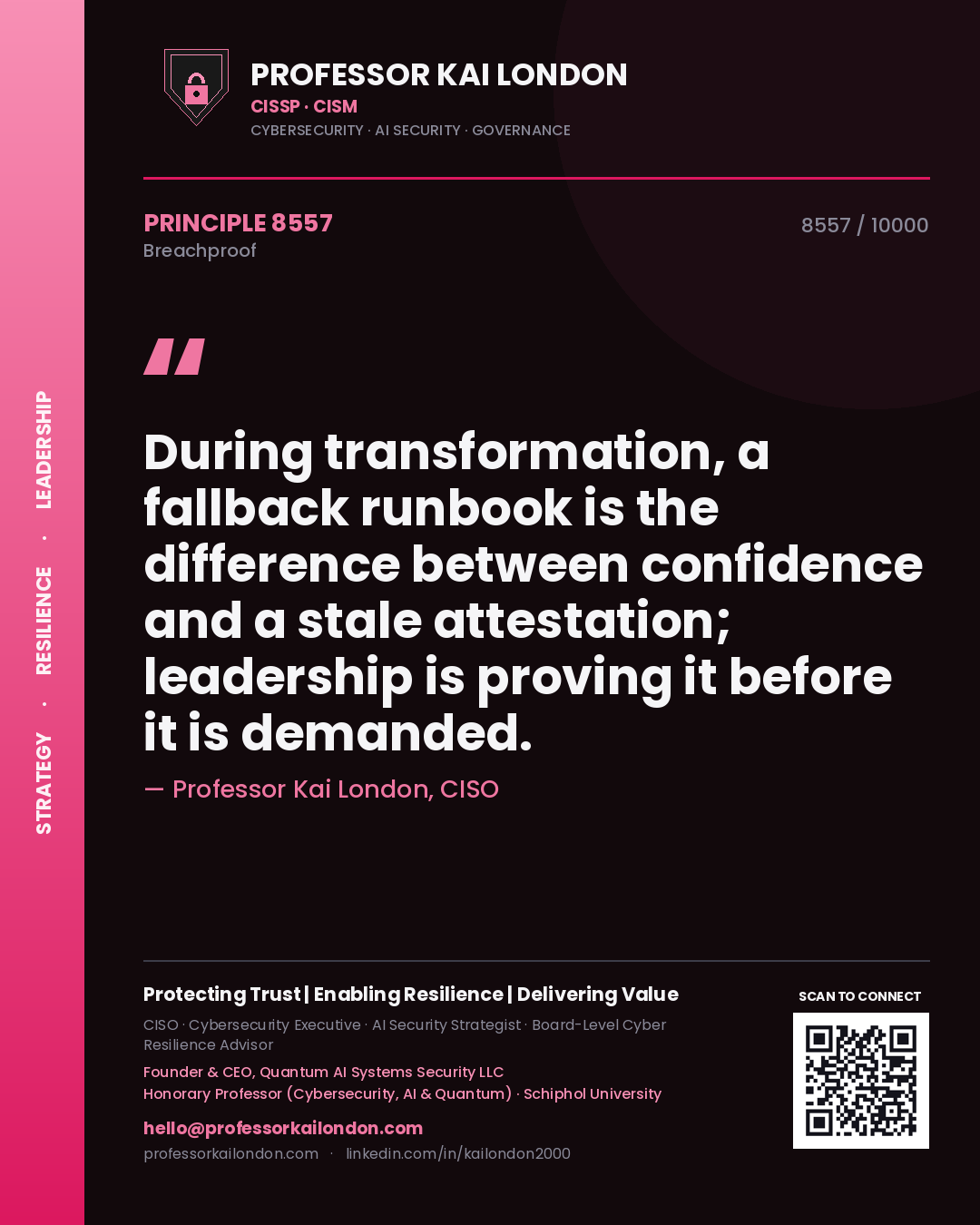 Professor Kai London principle 8557: During transformation, a fallback runbook is the difference between confidence and a stale attestation; leadership is proving it before it is demanded.