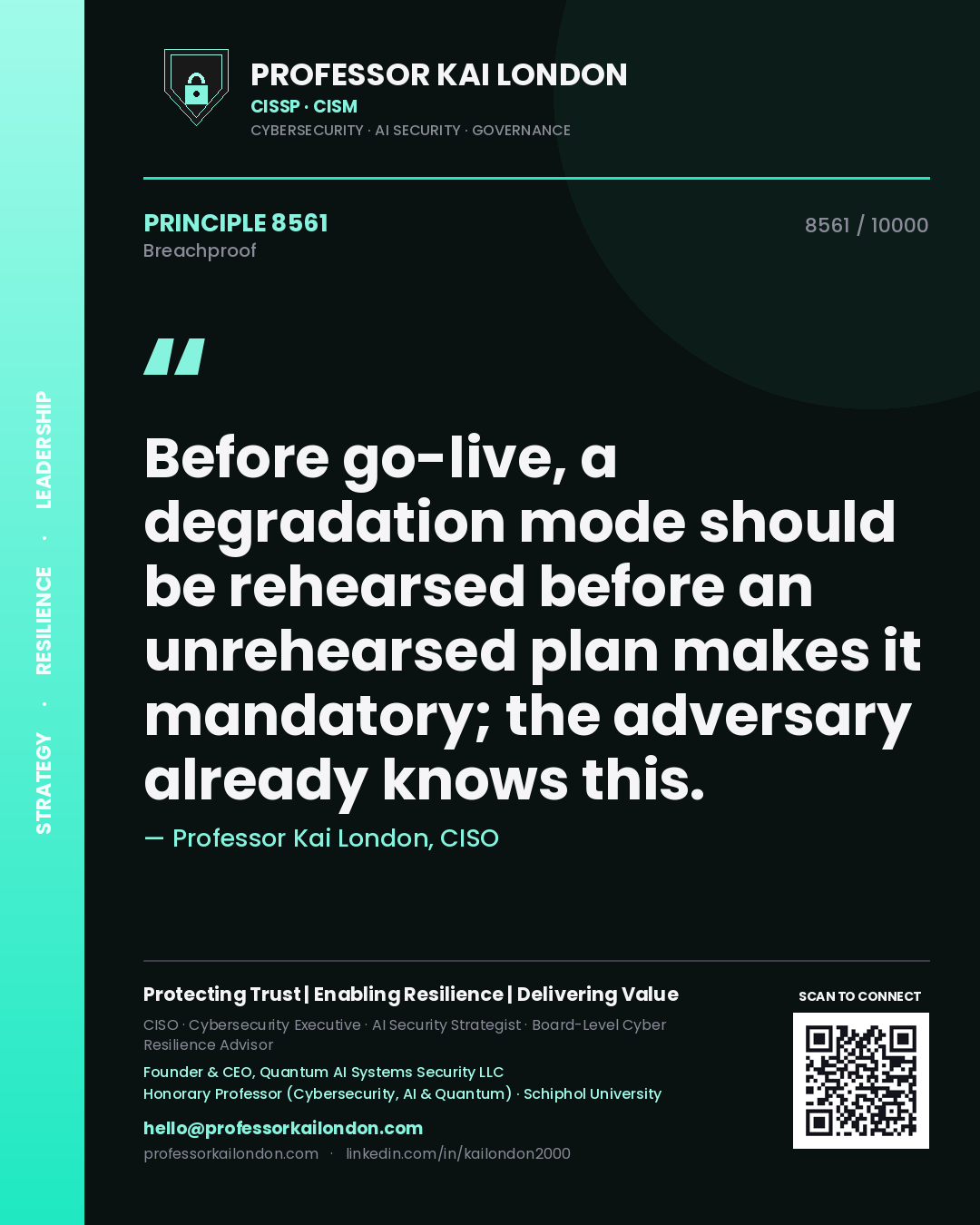 Quote card by Professor Kai London reading 'Before go-live, a degradation mode should be rehearsed before an unrehearsed plan makes it mandatory; the adversary already knows this.'. From the book Breachproof.