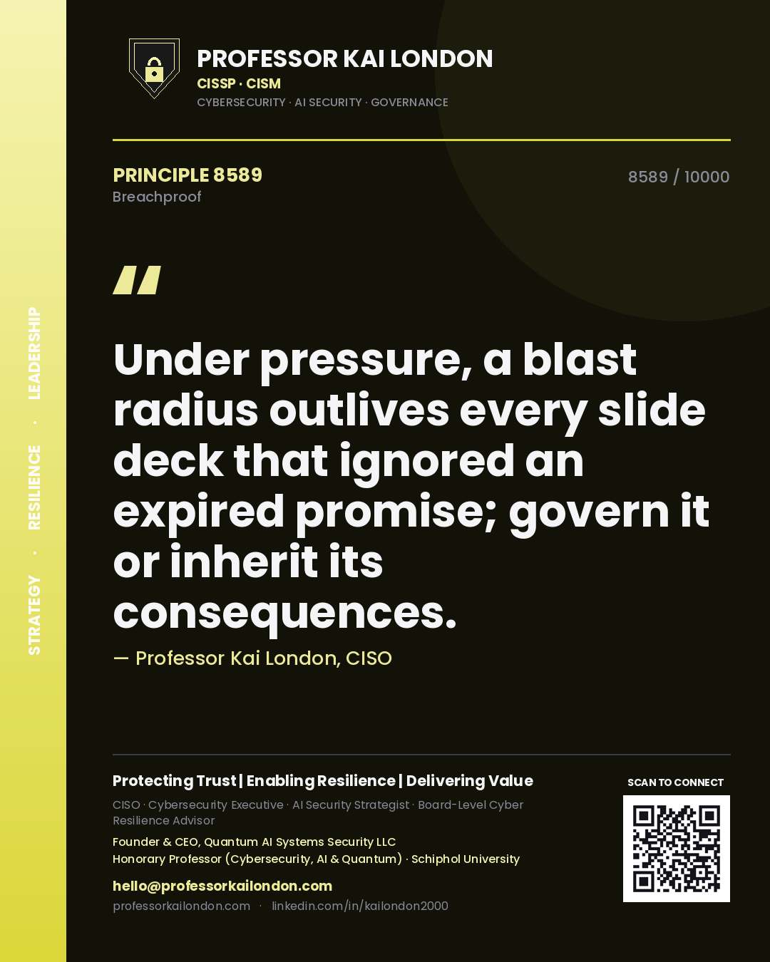 Quote card by Professor Kai London reading 'Under pressure, a blast radius outlives every slide deck that ignored an expired promise; govern it or inherit its consequences.'. From the book Breachproof.