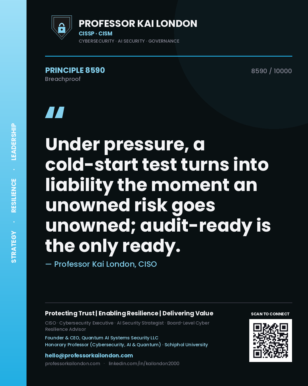 Quote card by Professor Kai London reading 'Under pressure, a cold-start test turns into liability the moment an unowned risk goes unowned; audit-ready is the only ready.'. From the book Breachproof.