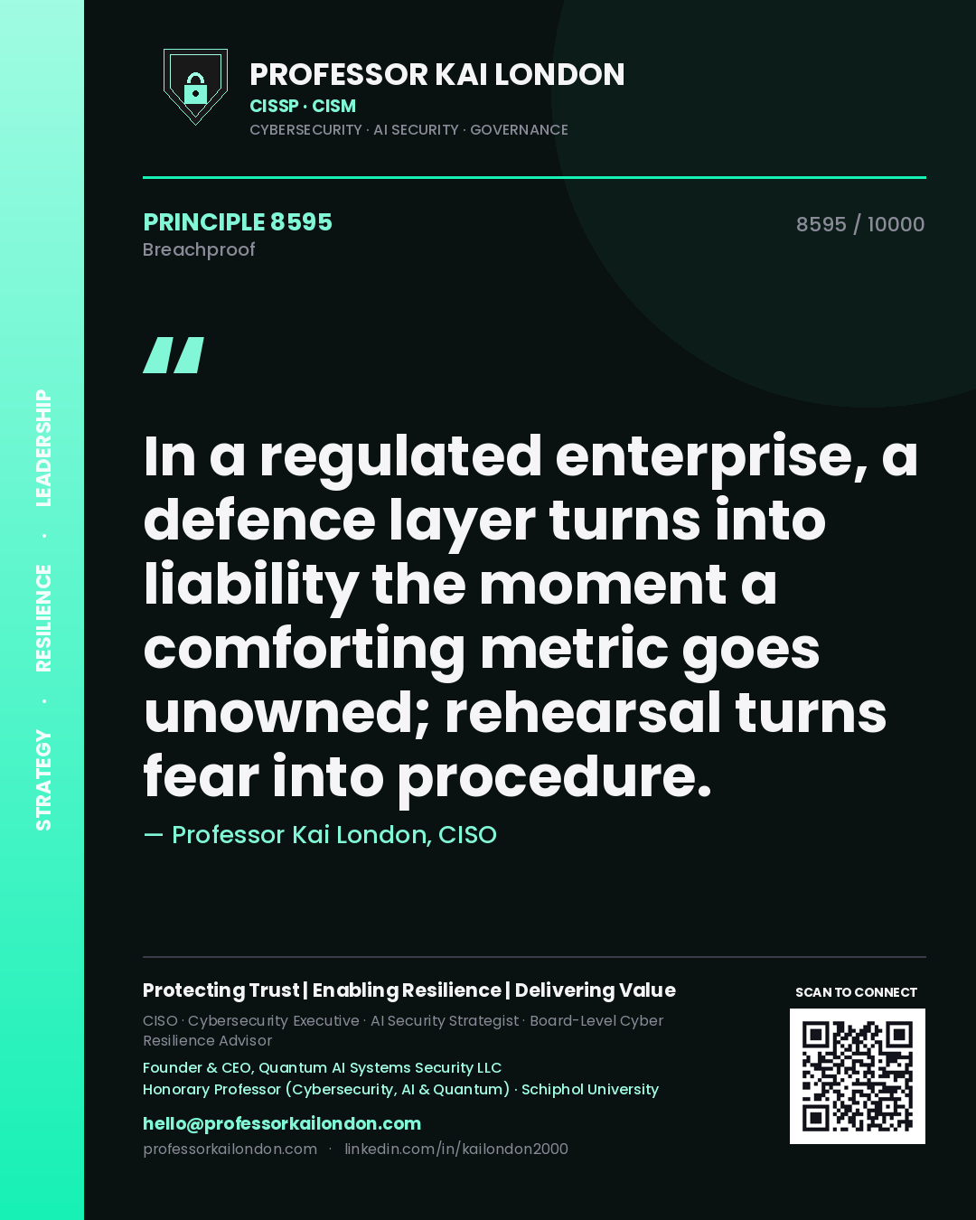 Quote card by Professor Kai London reading 'In a regulated enterprise, a defence layer turns into liability the moment a comforting metric goes unowned; rehearsal turns fear into procedure.'. From the book Breachproof.