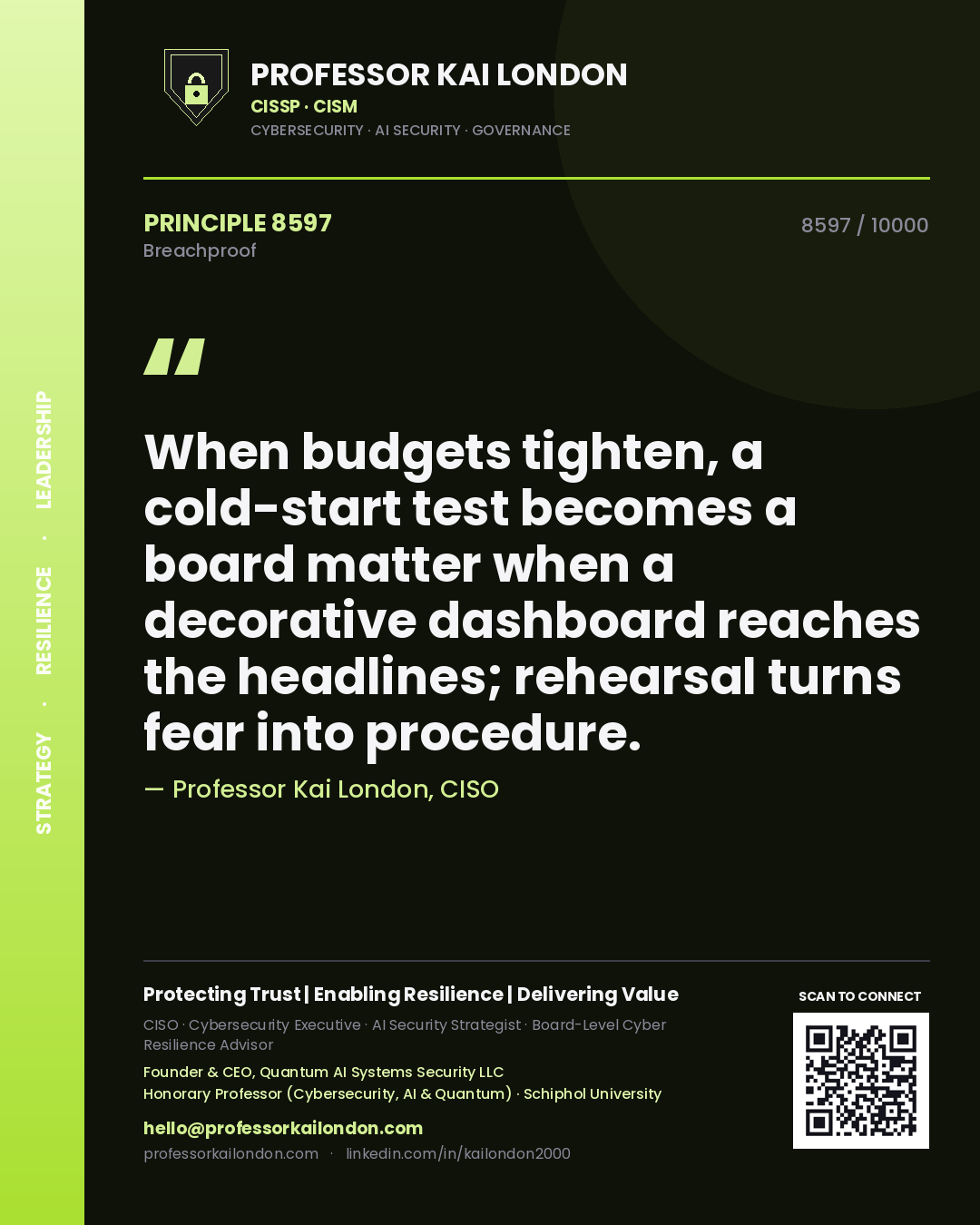 Quote card by Professor Kai London reading 'When budgets tighten, a cold-start test becomes a board matter when a decorative dashboard reaches the headlines; rehearsal turns fear into procedure.'. From the book Breachproof.