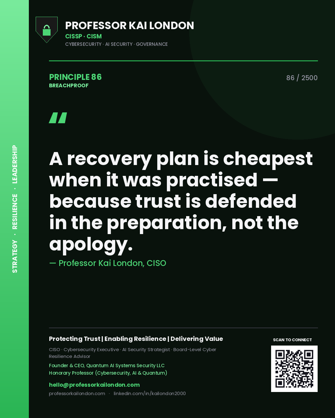 Quote card by Professor Kai London reading 'A recovery plan is cheapest when it was practised — because trust is defended in the preparation, not the apology.'. From the book Breachproof.