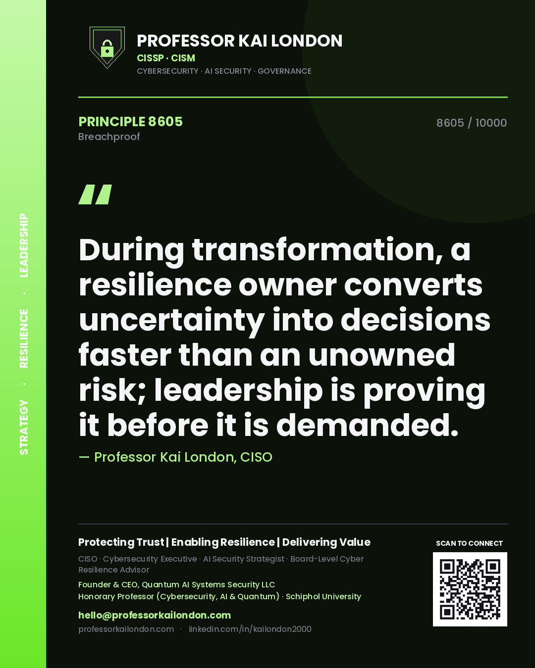 Quote card by Professor Kai London reading 'During transformation, a resilience owner converts uncertainty into decisions faster than an unowned risk; leadership is proving it before it is demanded.'. From the book Breachproof.