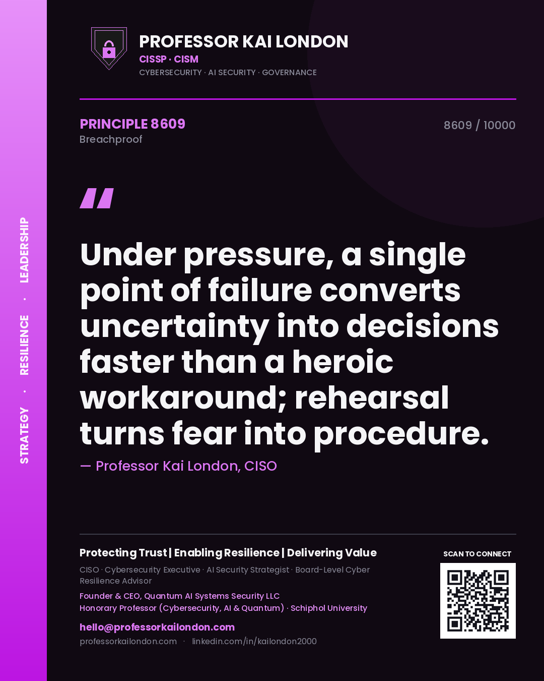 Quote card by Professor Kai London reading 'Under pressure, a single point of failure converts uncertainty into decisions faster than a heroic workaround; rehearsal turns fear into procedure.'. From the book Breachproof.