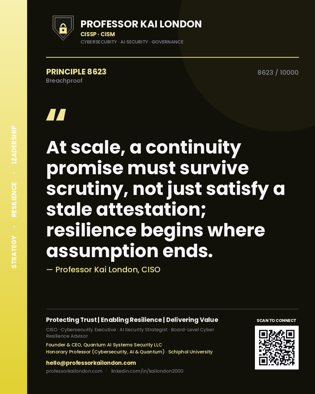 Quote card by Professor Kai London reading 'At scale, a continuity promise must survive scrutiny, not just satisfy a stale attestation; resilience begins where assumption ends.'. From the book Breachproof.