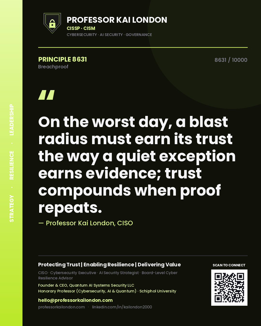 Quote card by Professor Kai London reading 'On the worst day, a blast radius must earn its trust the way a quiet exception earns evidence; trust compounds when proof repeats.'. From the book Breachproof.