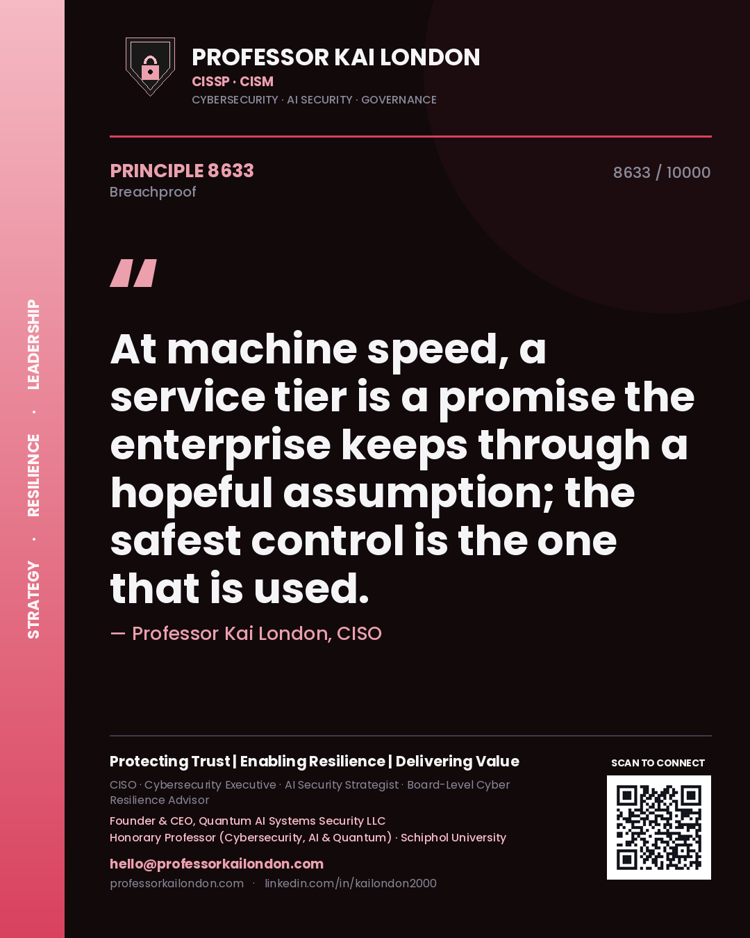 Quote card by Professor Kai London reading 'At machine speed, a service tier is a promise the enterprise keeps through a hopeful assumption; the safest control is the one that is used.'. From the book Breachproof.