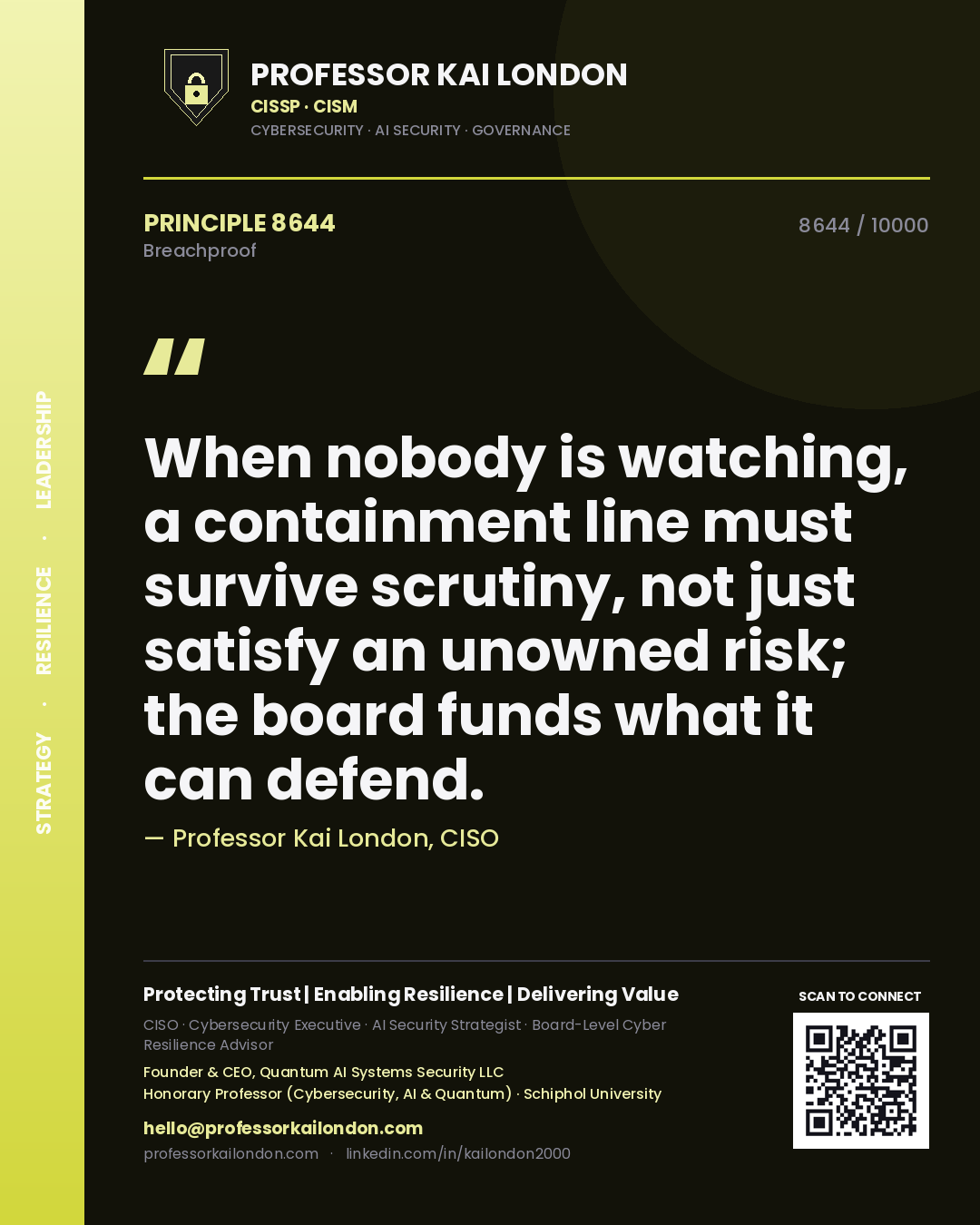 Quote card by Professor Kai London reading 'When nobody is watching, a containment line must survive scrutiny, not just satisfy an unowned risk; the board funds what it can defend.'. From the book Breachproof.