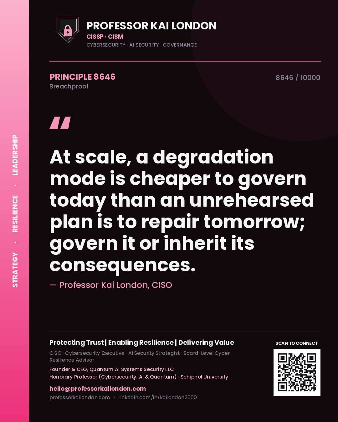 Quote card by Professor Kai London reading 'At scale, a degradation mode is cheaper to govern today than an unrehearsed plan is to repair tomorrow; govern it or inherit its consequences.'. From the book Breachproof.