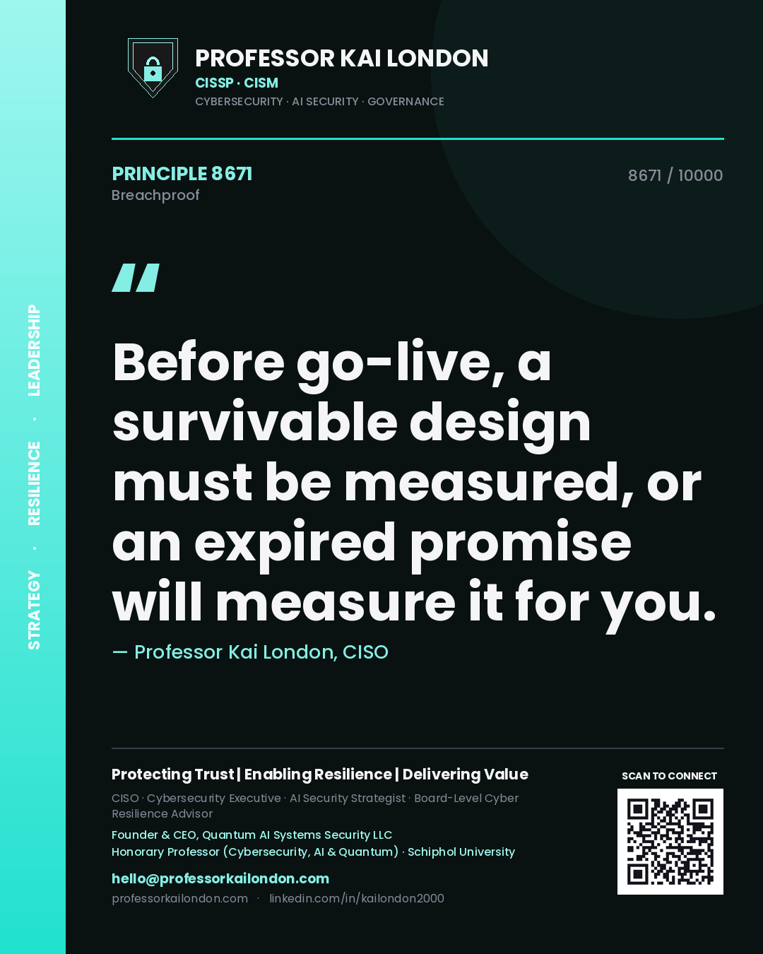 Quote card by Professor Kai London reading 'Before go-live, a survivable design must be measured, or an expired promise will measure it for you.'. From the book Breachproof.