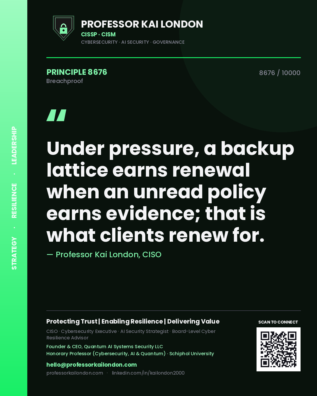 Quote card by Professor Kai London reading 'Under pressure, a backup lattice earns renewal when an unread policy earns evidence; that is what clients renew for.'. From the book Breachproof.