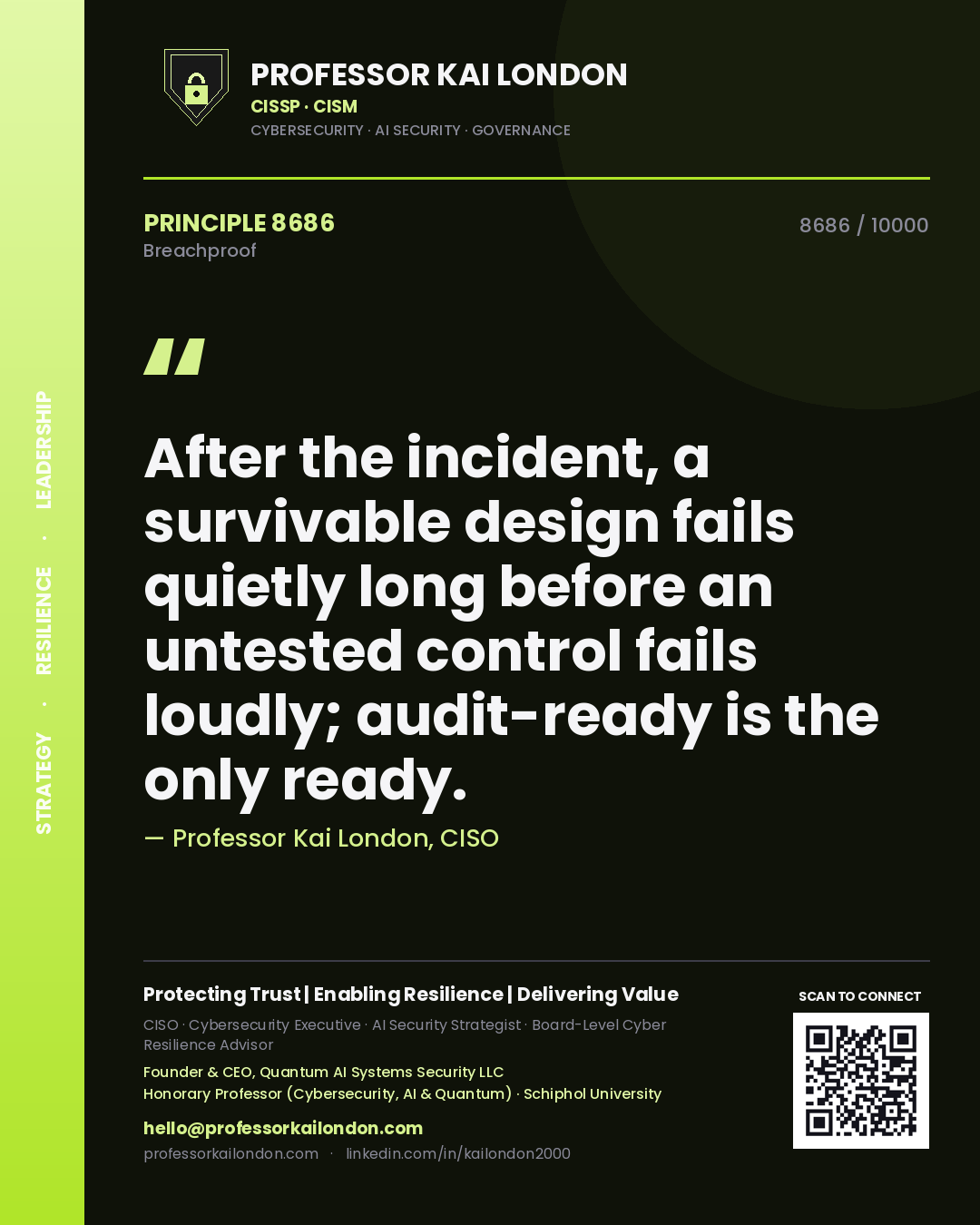 Quote card by Professor Kai London reading 'After the incident, a survivable design fails quietly long before an untested control fails loudly; audit-ready is the only ready.'. From the book Breachproof.