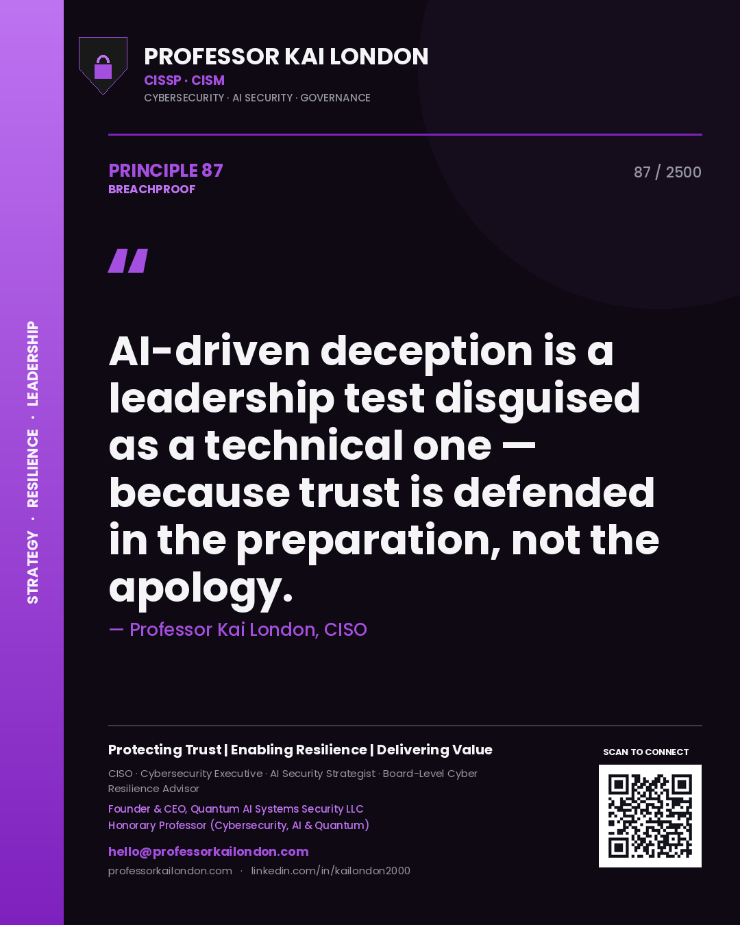 Quote card by Professor Kai London reading 'AI-driven deception is a leadership test disguised as a technical one — because trust is defended in the preparation, not the apology.'. From the book Breachproof.