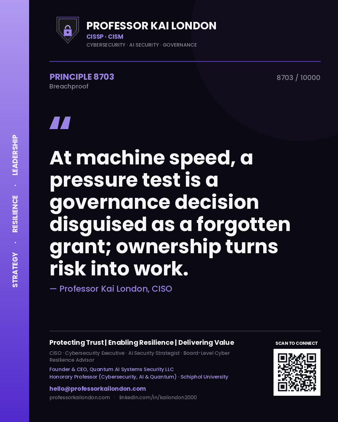 Quote card by Professor Kai London reading 'At machine speed, a pressure test is a governance decision disguised as a forgotten grant; ownership turns risk into work.'. From the book Breachproof.