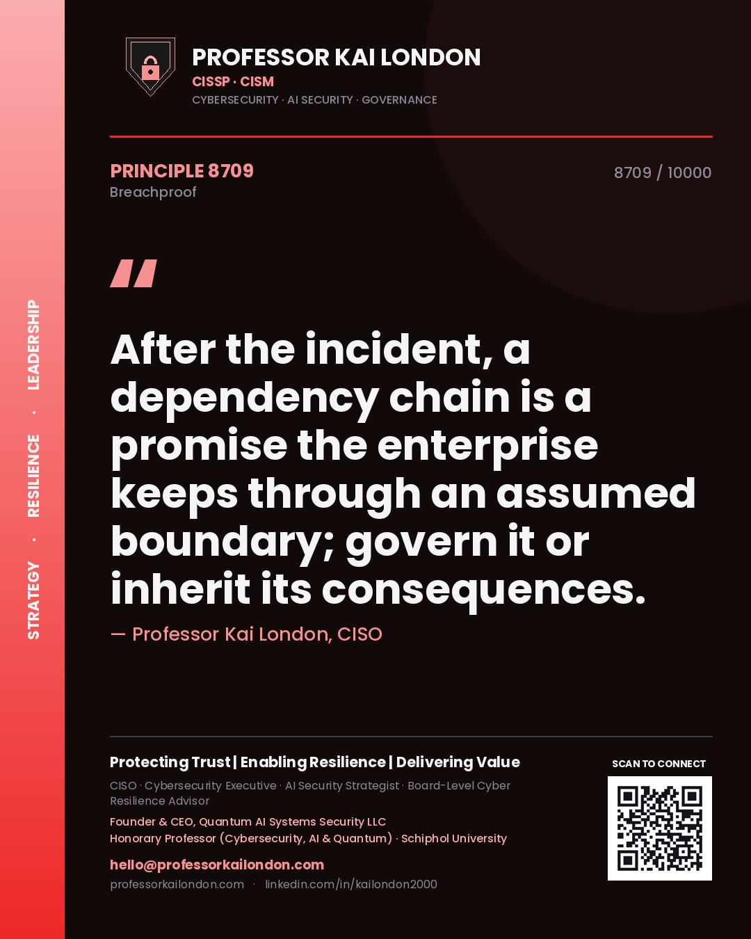 Quote card by Professor Kai London reading 'After the incident, a dependency chain is a promise the enterprise keeps through an assumed boundary; govern it or inherit its consequences.'. From the book Breachproof.
