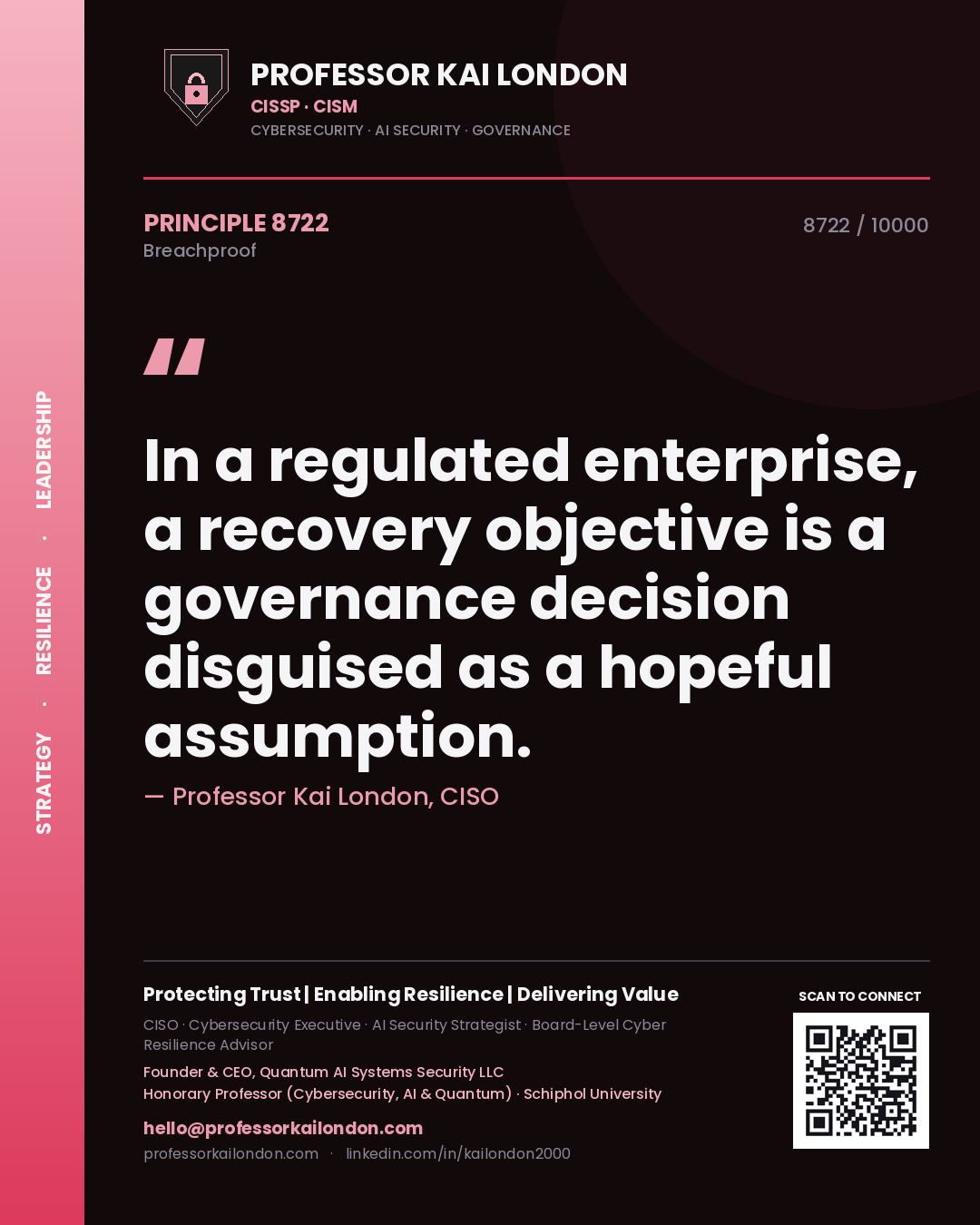 Quote card by Professor Kai London reading 'In a regulated enterprise, a recovery objective is a governance decision disguised as a hopeful assumption.'. From the book Breachproof.