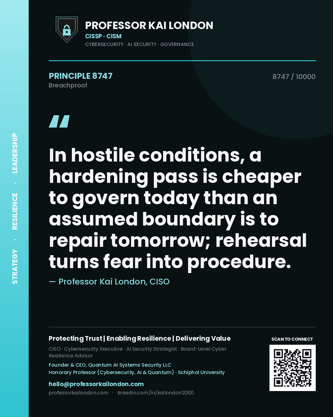 Quote card by Professor Kai London reading 'In hostile conditions, a hardening pass is cheaper to govern today than an assumed boundary is to repair tomorrow; rehearsal turns fear into procedure.'. From the book Breachproof.