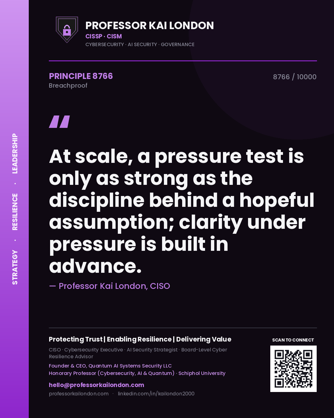 Quote card by Professor Kai London reading 'At scale, a pressure test is only as strong as the discipline behind a hopeful assumption; clarity under pressure is built in advance.'. From the book Breachproof.