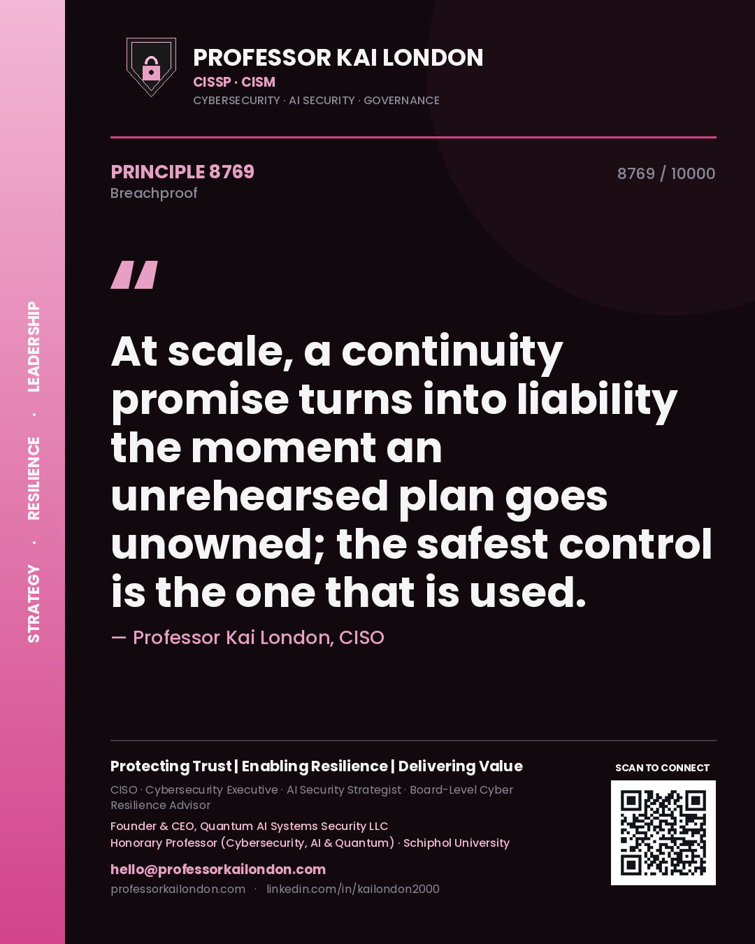 Quote card by Professor Kai London reading 'At scale, a continuity promise turns into liability the moment an unrehearsed plan goes unowned; the safest control is the one that is used.'. From the book Breachproof.