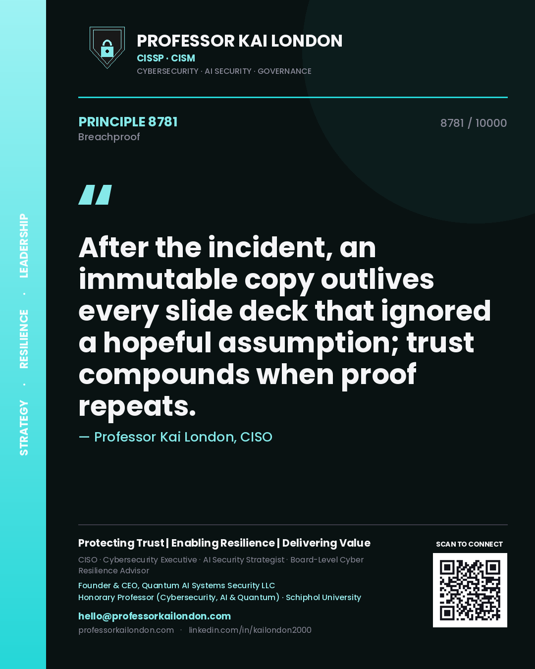 Quote card by Professor Kai London reading 'After the incident, an immutable copy outlives every slide deck that ignored a hopeful assumption; trust compounds when proof repeats.'. From the book Breachproof.