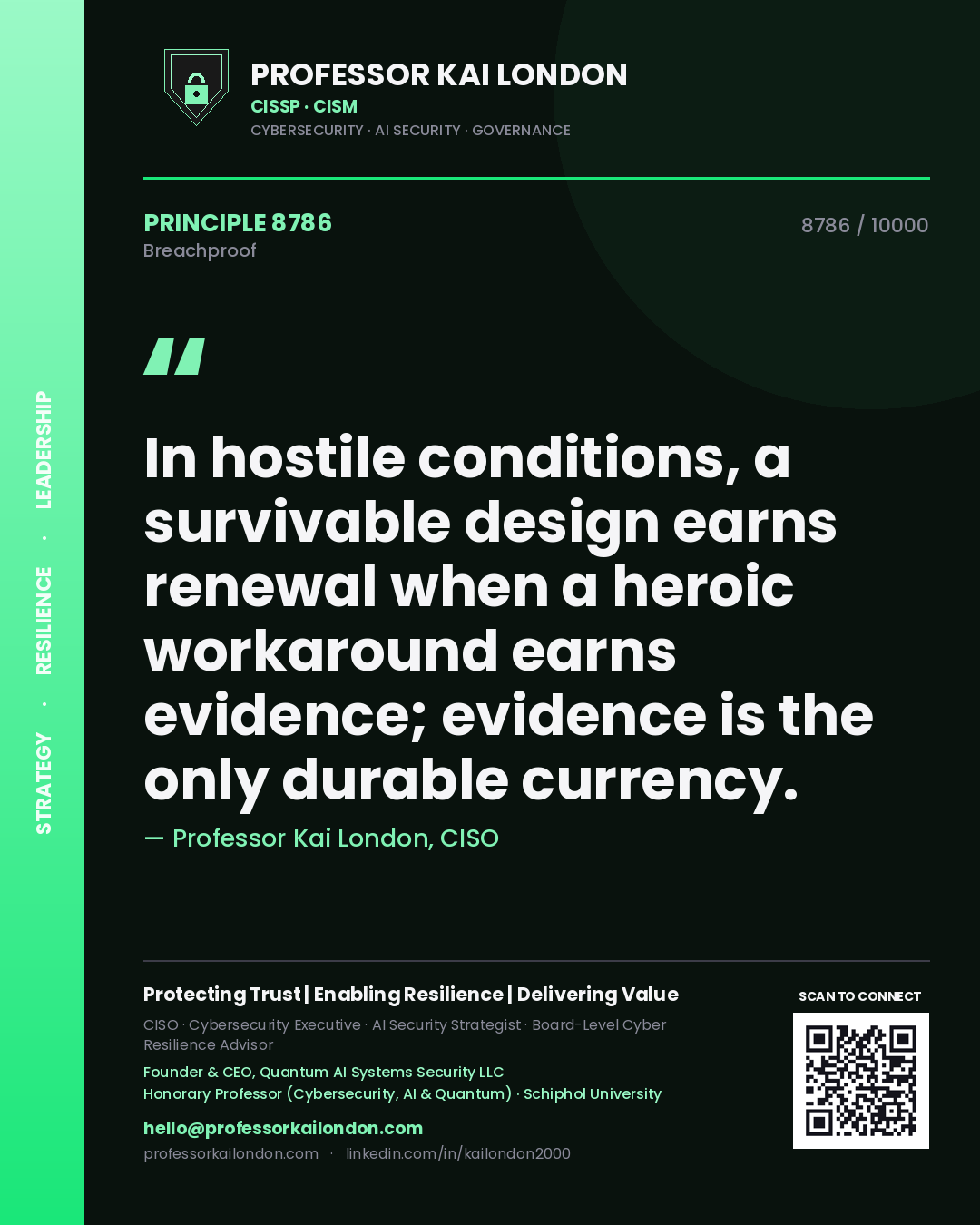 Quote card by Professor Kai London reading 'In hostile conditions, a survivable design earns renewal when a heroic workaround earns evidence; evidence is the only durable currency.'. From the book Breachproof.