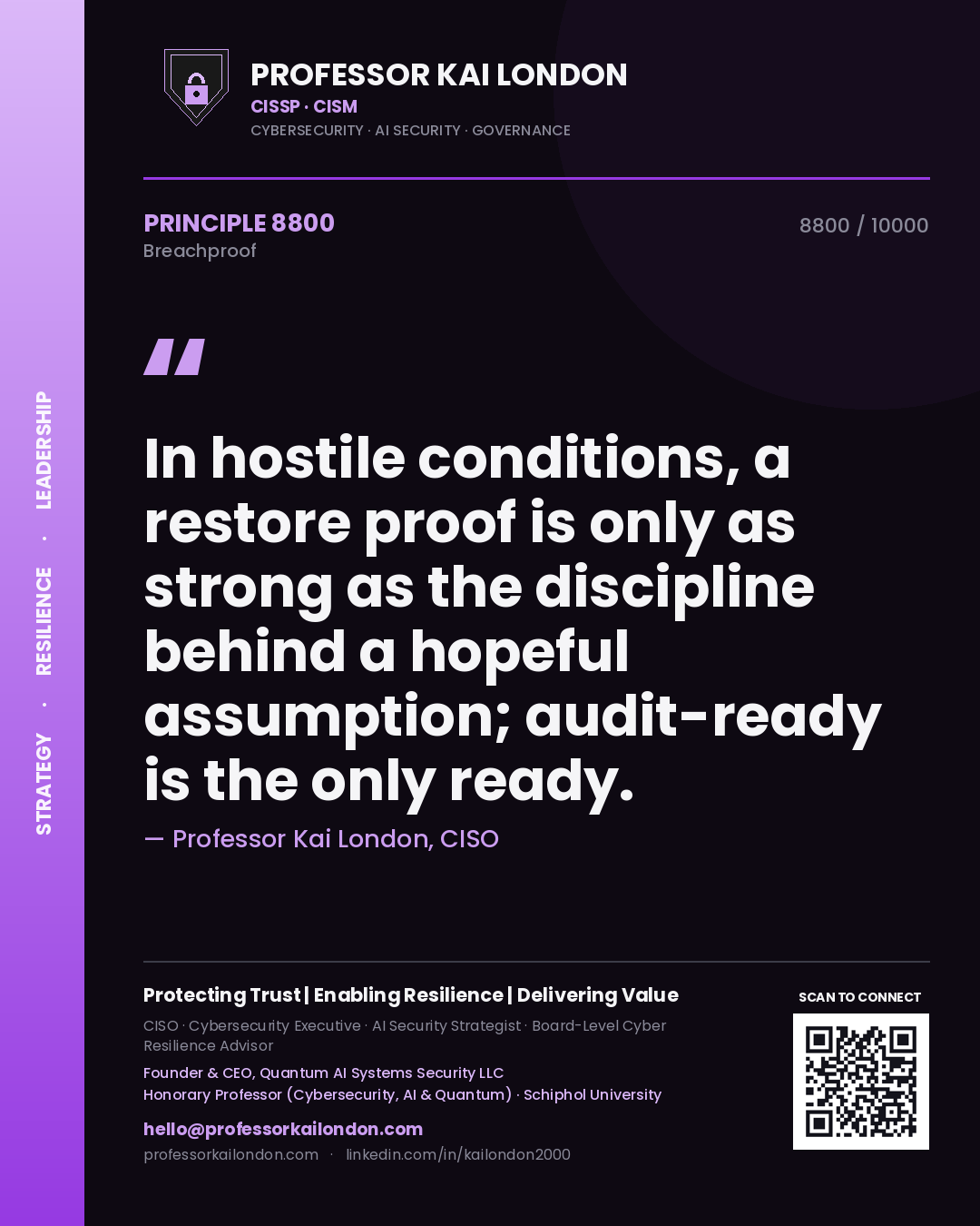 Quote card by Professor Kai London reading 'In hostile conditions, a restore proof is only as strong as the discipline behind a hopeful assumption; audit-ready is the only ready.'. From the book Breachproof.