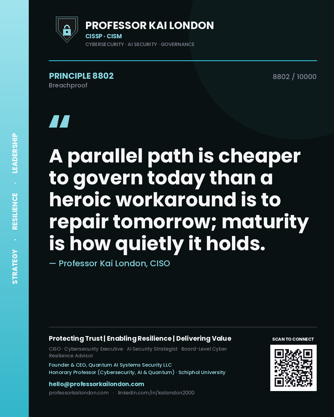 Quote card by Professor Kai London reading 'A parallel path is cheaper to govern today than a heroic workaround is to repair tomorrow; maturity is how quietly it holds.'. From the book Breachproof.