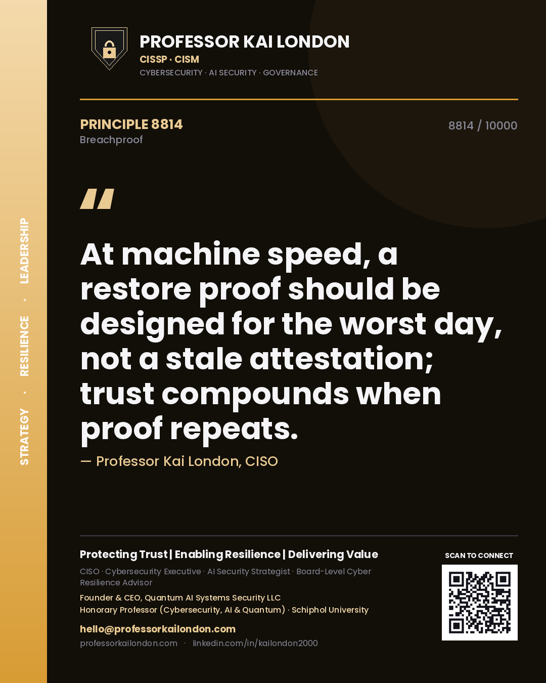 Professor Kai London principle 8814: At machine speed, a restore proof should be designed for the worst day, not a stale attestation; trust compounds when proof repeats.