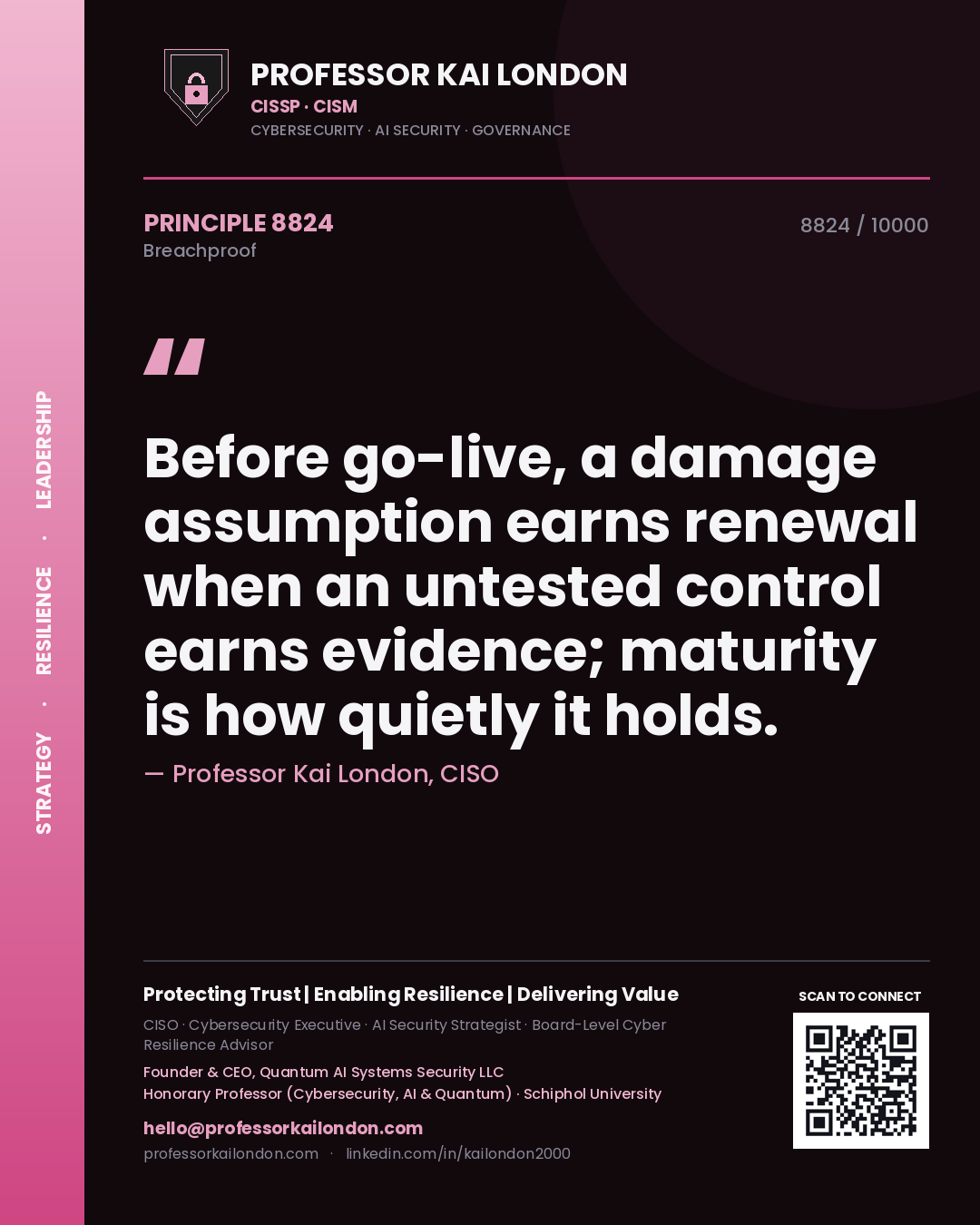 Quote card by Professor Kai London reading 'Before go-live, a damage assumption earns renewal when an untested control earns evidence; maturity is how quietly it holds.'. From the book Breachproof.
