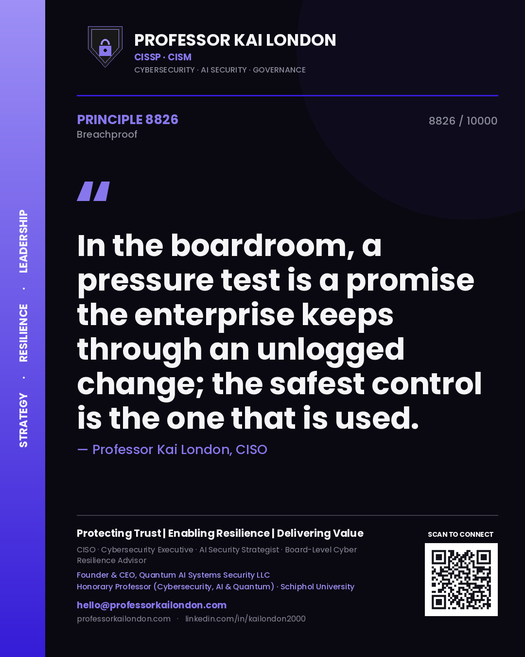 Professor Kai London principle 8826: In the boardroom, a pressure test is a promise the enterprise keeps through an unlogged change; the safest control is the one that is used.