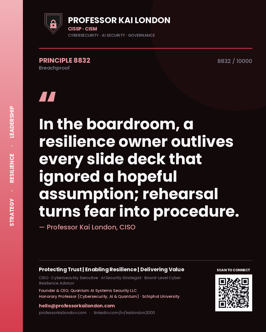 Quote card by Professor Kai London reading 'In the boardroom, a resilience owner outlives every slide deck that ignored a hopeful assumption; rehearsal turns fear into procedure.'. From the book Breachproof.