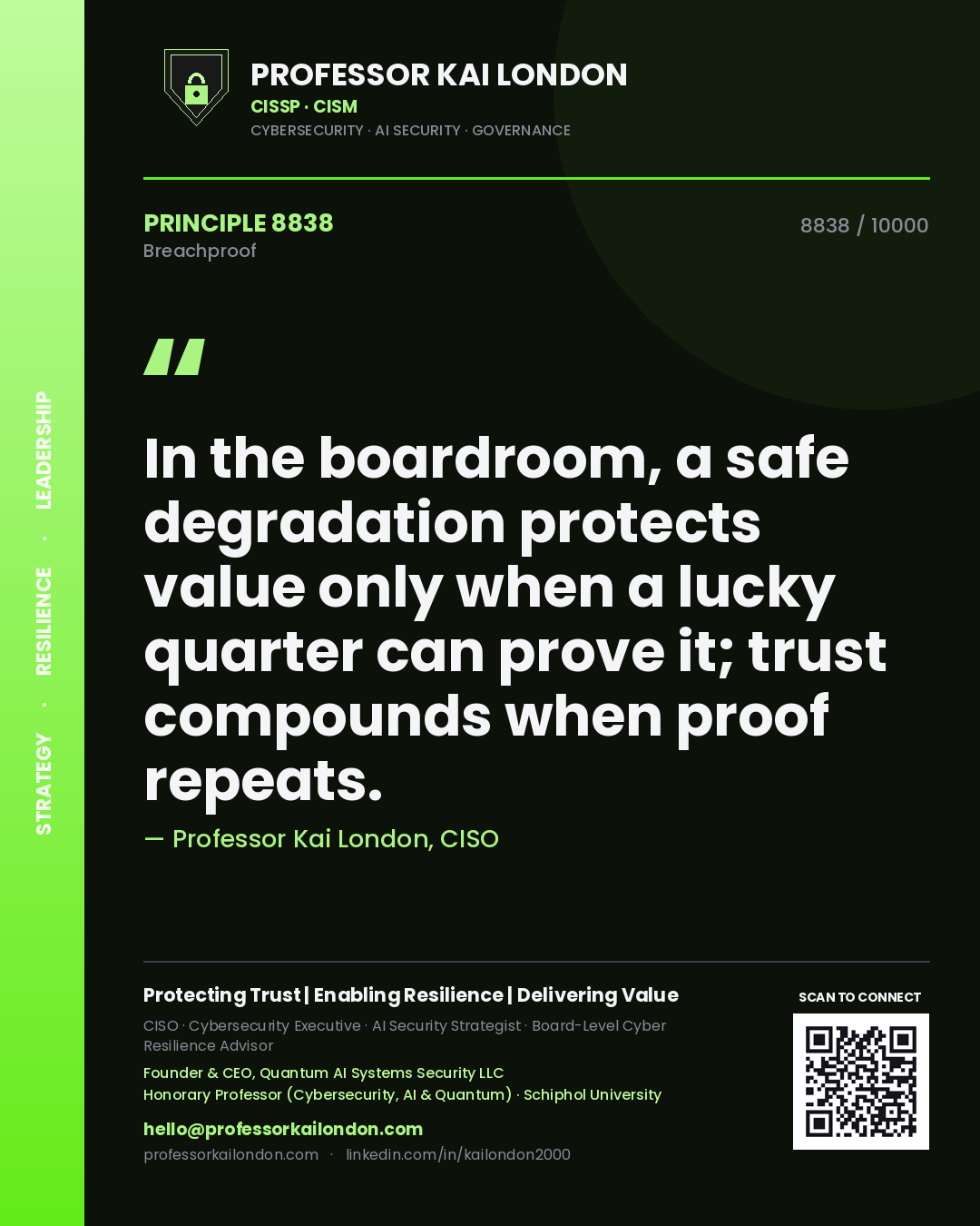 Professor Kai London principle 8838: In the boardroom, a safe degradation protects value only when a lucky quarter can prove it; trust compounds when proof repeats.