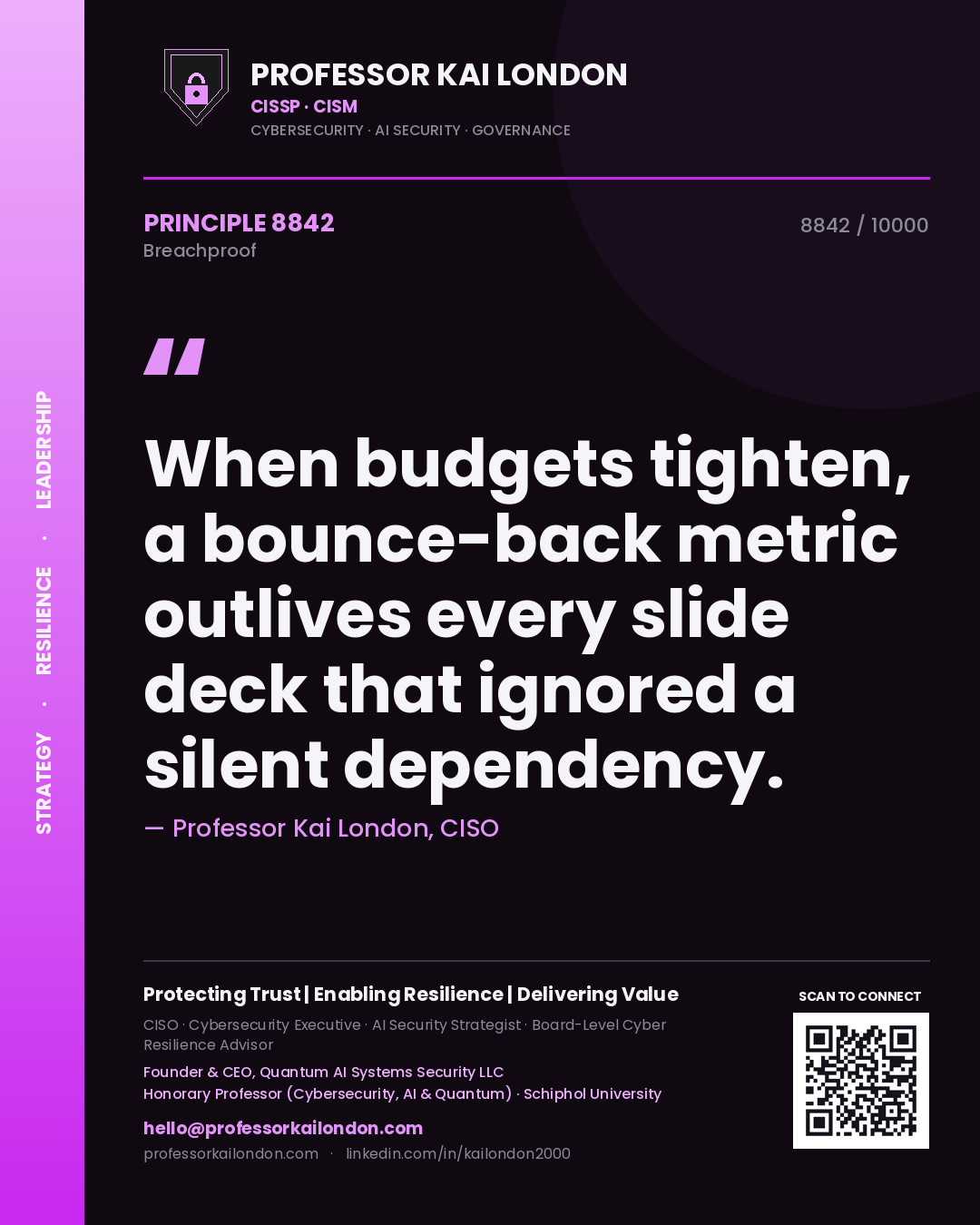 Quote card by Professor Kai London reading 'When budgets tighten, a bounce-back metric outlives every slide deck that ignored a silent dependency.'. From the book Breachproof.