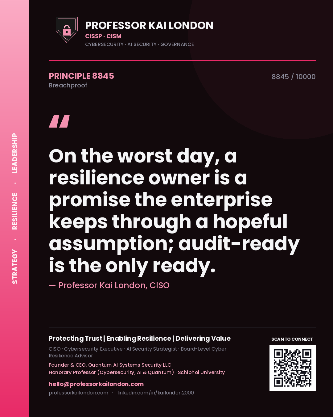 Professor Kai London principle 8845: On the worst day, a resilience owner is a promise the enterprise keeps through a hopeful assumption; audit-ready is the only ready.