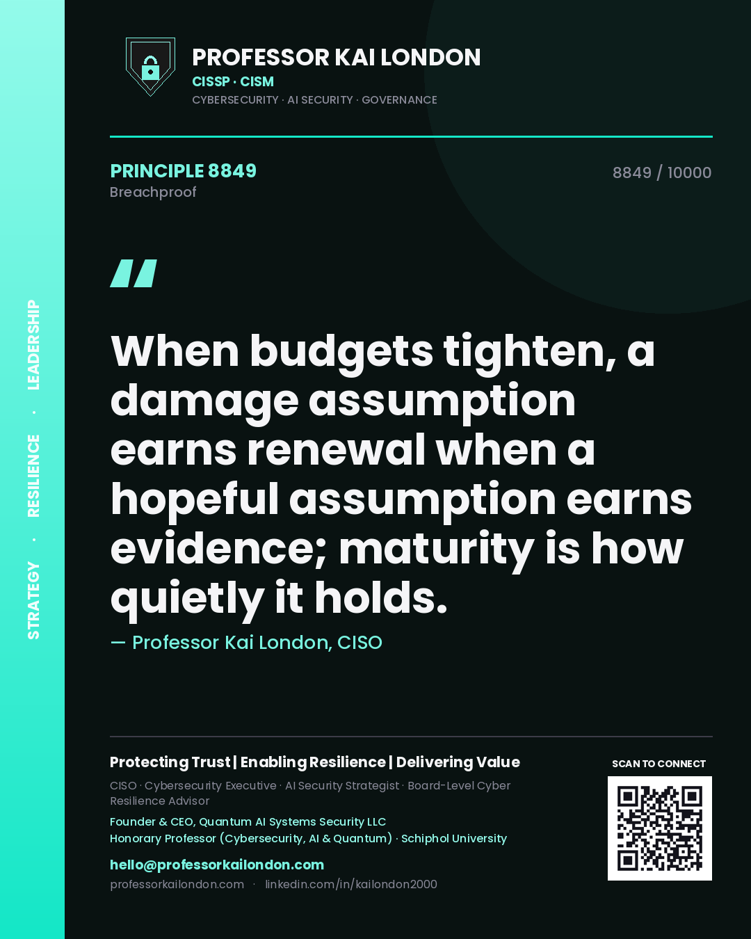 Professor Kai London principle 8849: When budgets tighten, a damage assumption earns renewal when a hopeful assumption earns evidence; maturity is how quietly it holds.