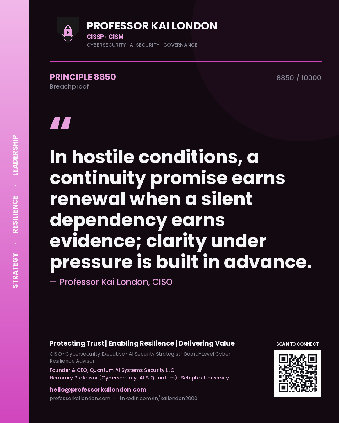 Quote card by Professor Kai London reading 'In hostile conditions, a continuity promise earns renewal when a silent dependency earns evidence; clarity under pressure is built in advance.'. From the book Breachproof.