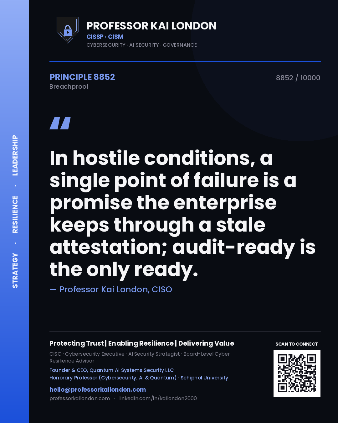 Professor Kai London principle 8852: In hostile conditions, a single point of failure is a promise the enterprise keeps through a stale attestation; audit-ready is the only ready.
