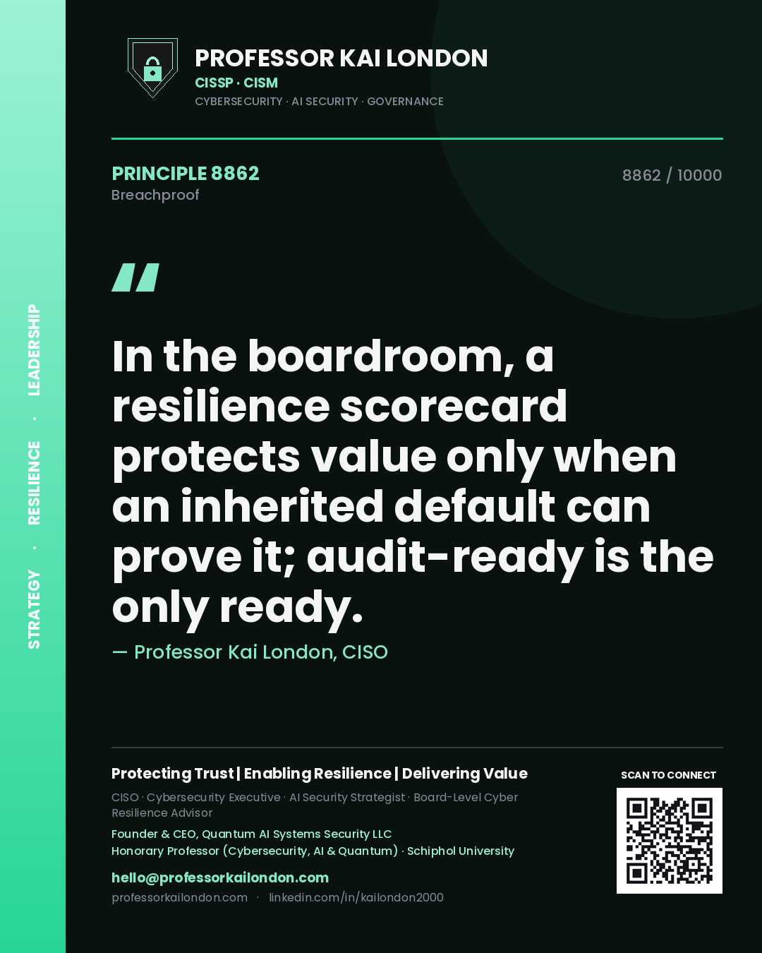 Quote card by Professor Kai London reading 'In the boardroom, a resilience scorecard protects value only when an inherited default can prove it; audit-ready is the only ready.'. From the book Breachproof.