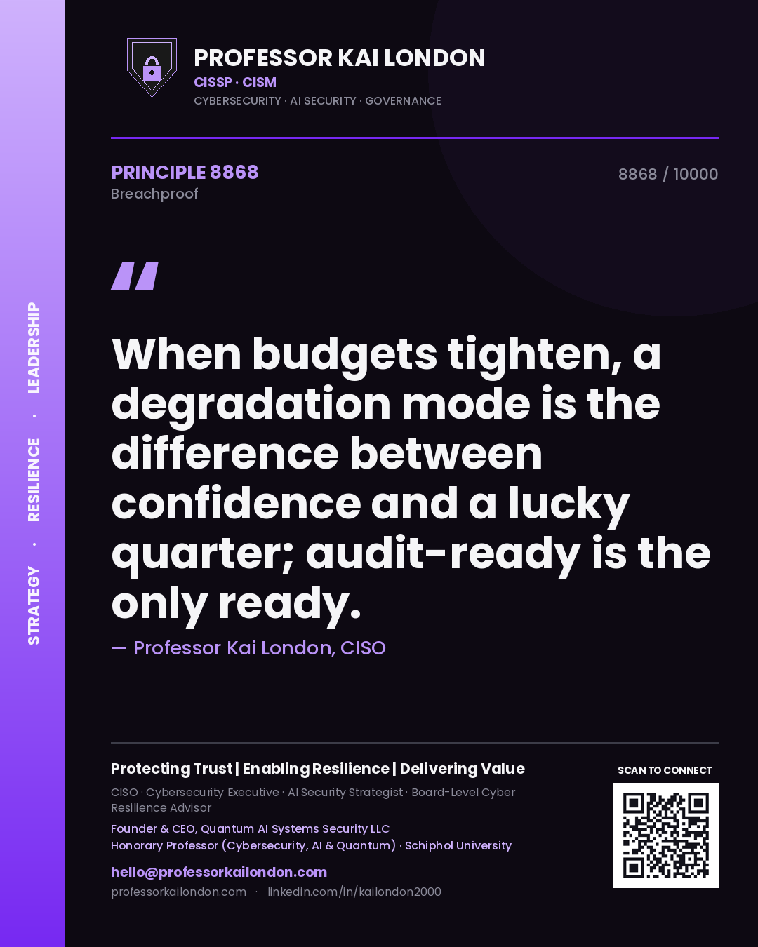 Quote card by Professor Kai London reading 'When budgets tighten, a degradation mode is the difference between confidence and a lucky quarter; audit-ready is the only ready.'. From the book Breachproof.