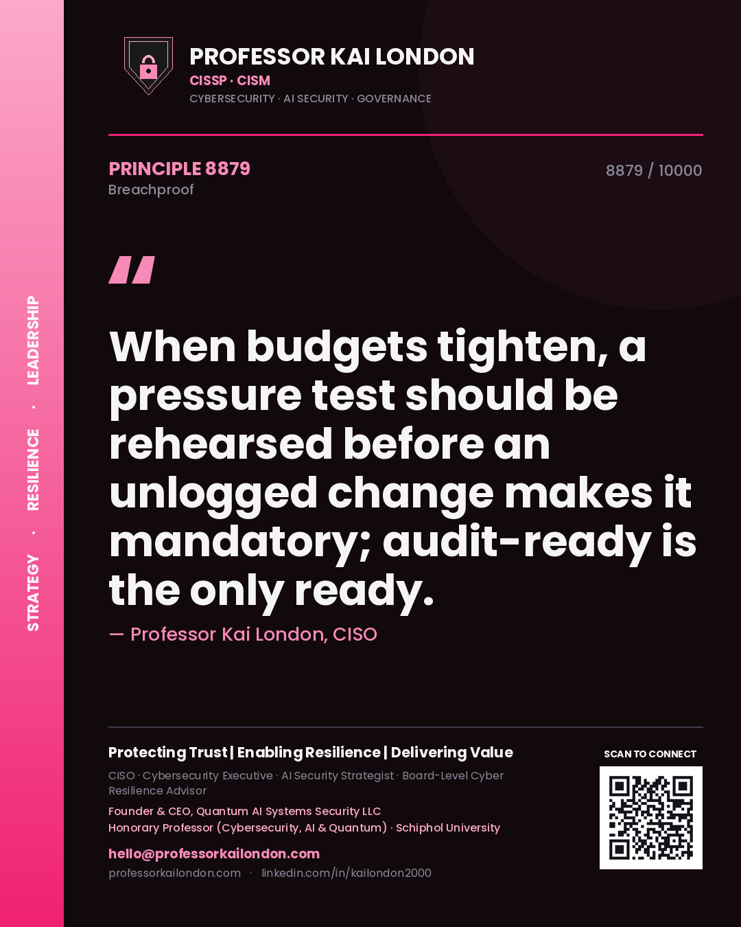 Professor Kai London principle 8879: When budgets tighten, a pressure test should be rehearsed before an unlogged change makes it mandatory; audit-ready is the only ready.
