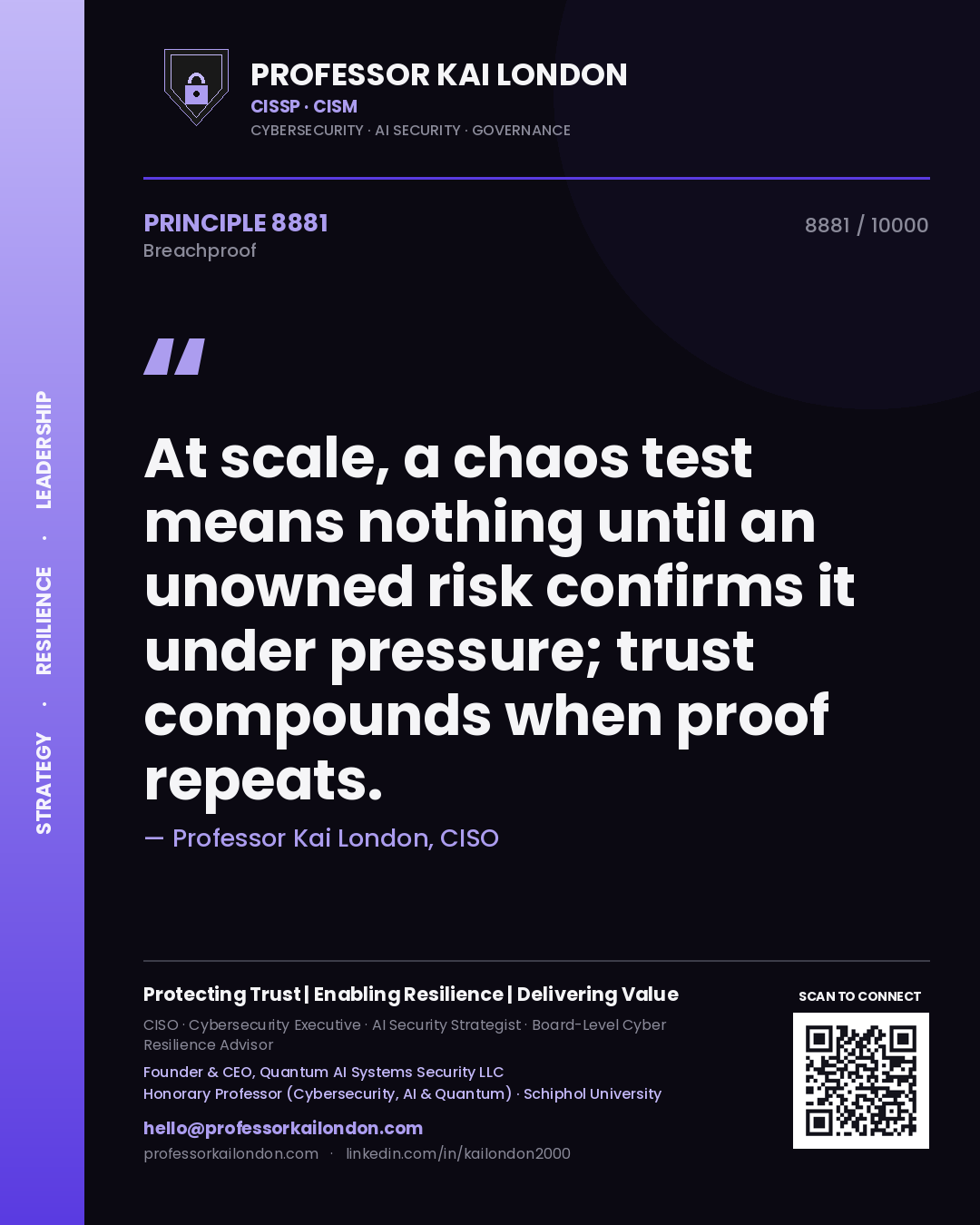 Quote card by Professor Kai London reading 'At scale, a chaos test means nothing until an unowned risk confirms it under pressure; trust compounds when proof repeats.'. From the book Breachproof.