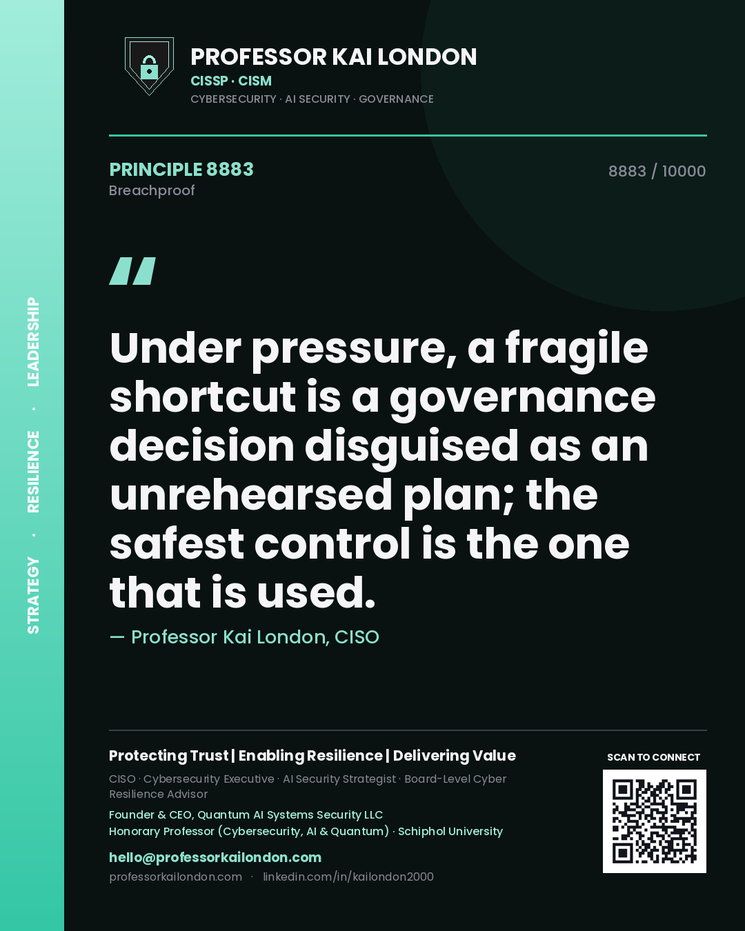 Quote card by Professor Kai London reading 'Under pressure, a fragile shortcut is a governance decision disguised as an unrehearsed plan; the safest control is the one that is used.'. From the book Breachproof.