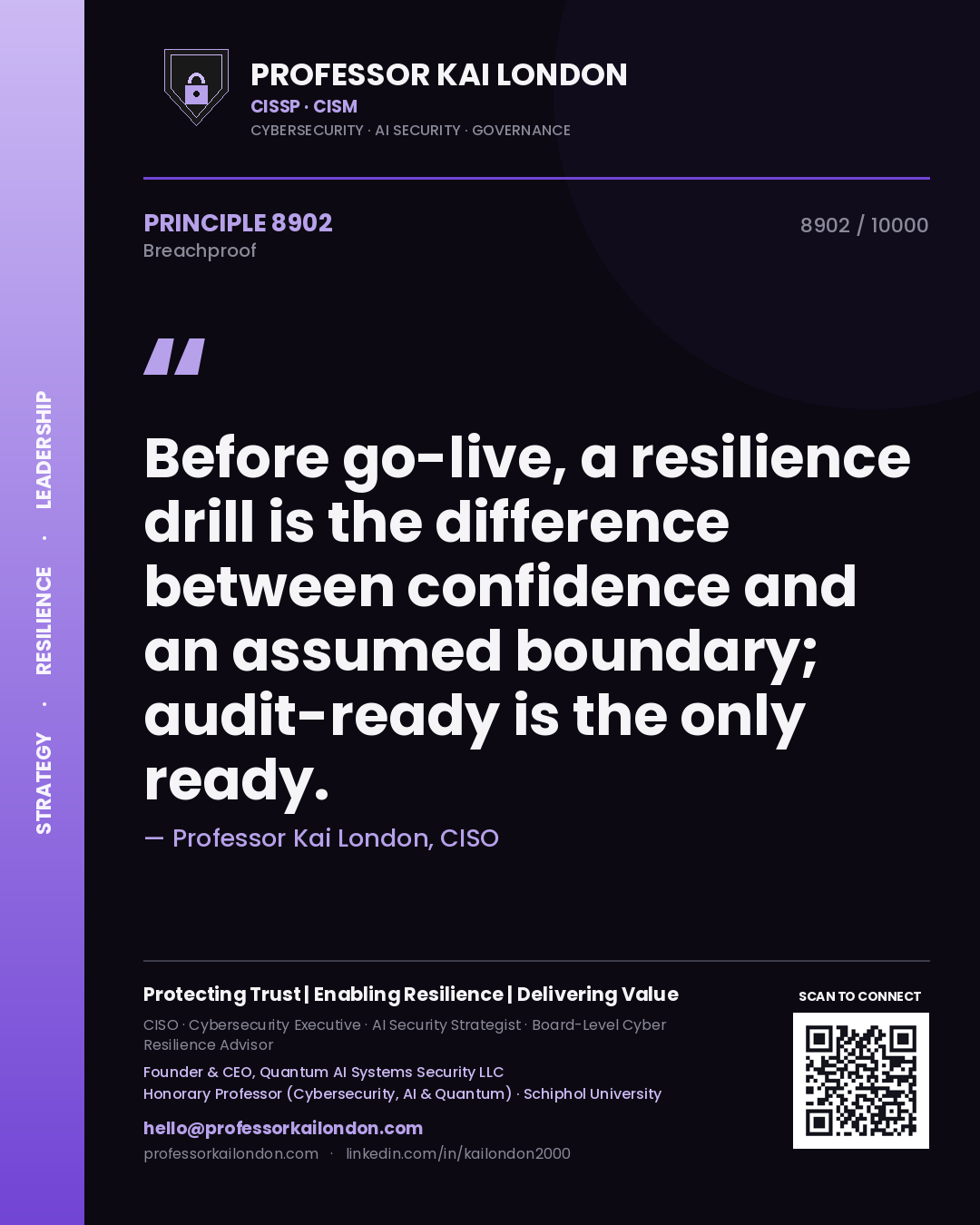 Professor Kai London principle 8902: Before go-live, a resilience drill is the difference between confidence and an assumed boundary; audit-ready is the only ready.