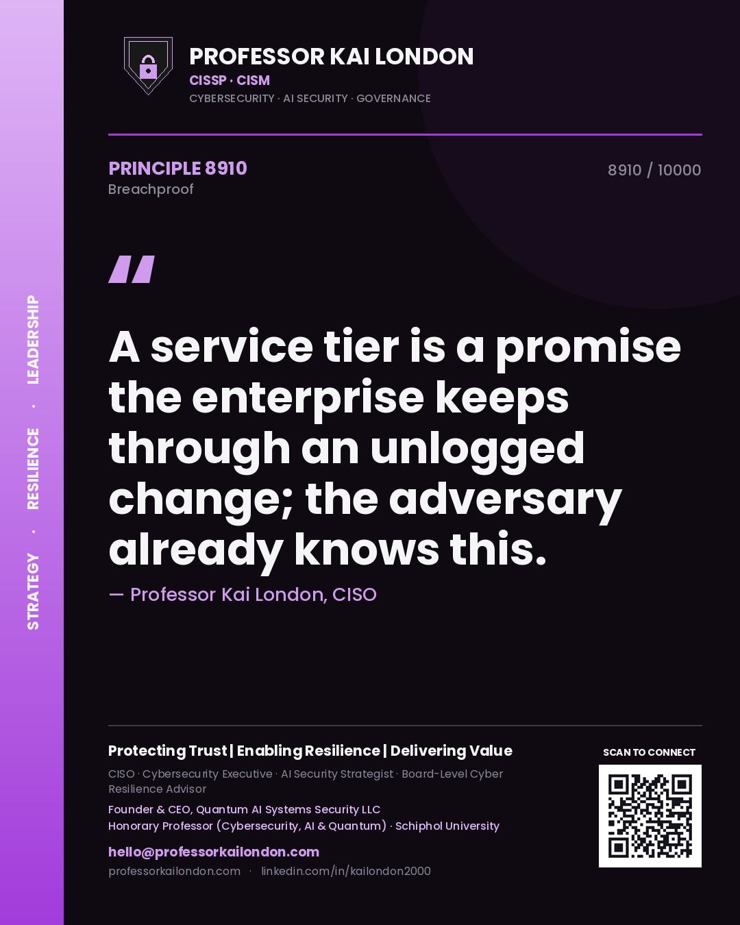 Quote card by Professor Kai London reading 'A service tier is a promise the enterprise keeps through an unlogged change; the adversary already knows this.'. From the book Breachproof.