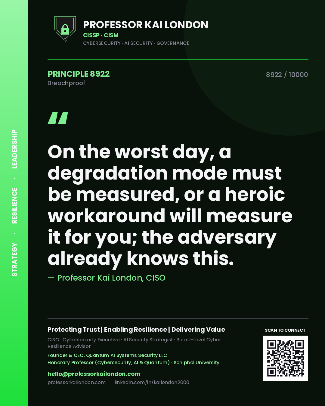 Professor Kai London principle 8922: On the worst day, a degradation mode must be measured, or a heroic workaround will measure it for you; the adversary already knows this.