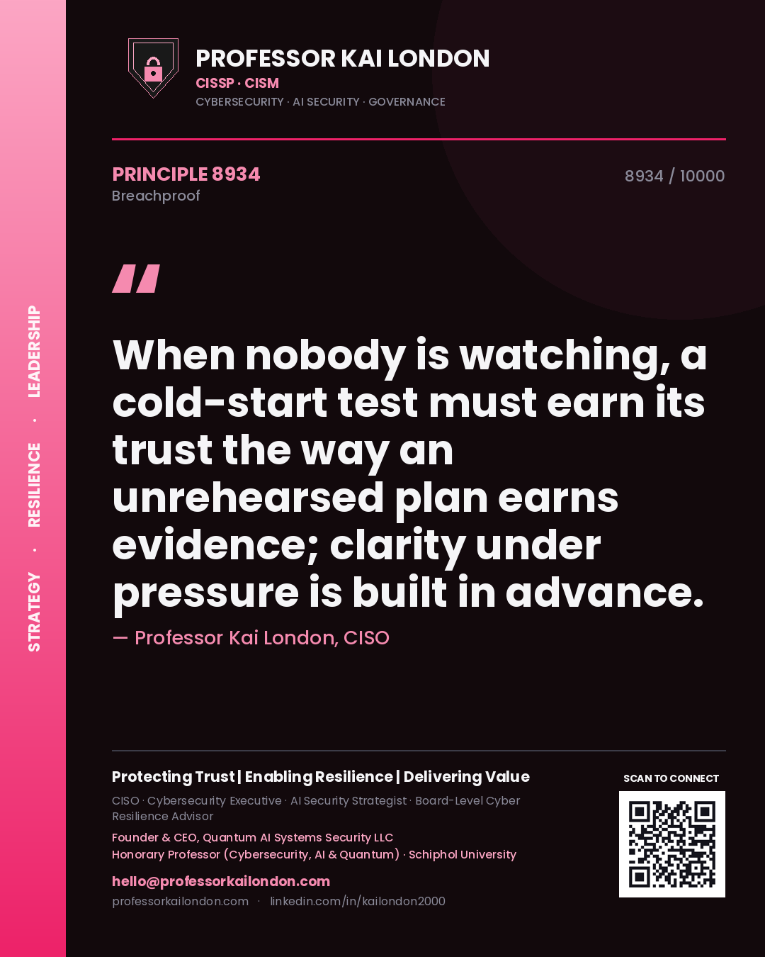 Professor Kai London principle 8934: When nobody is watching, a cold-start test must earn its trust the way an unrehearsed plan earns evidence; clarity under pressure is built in advance.