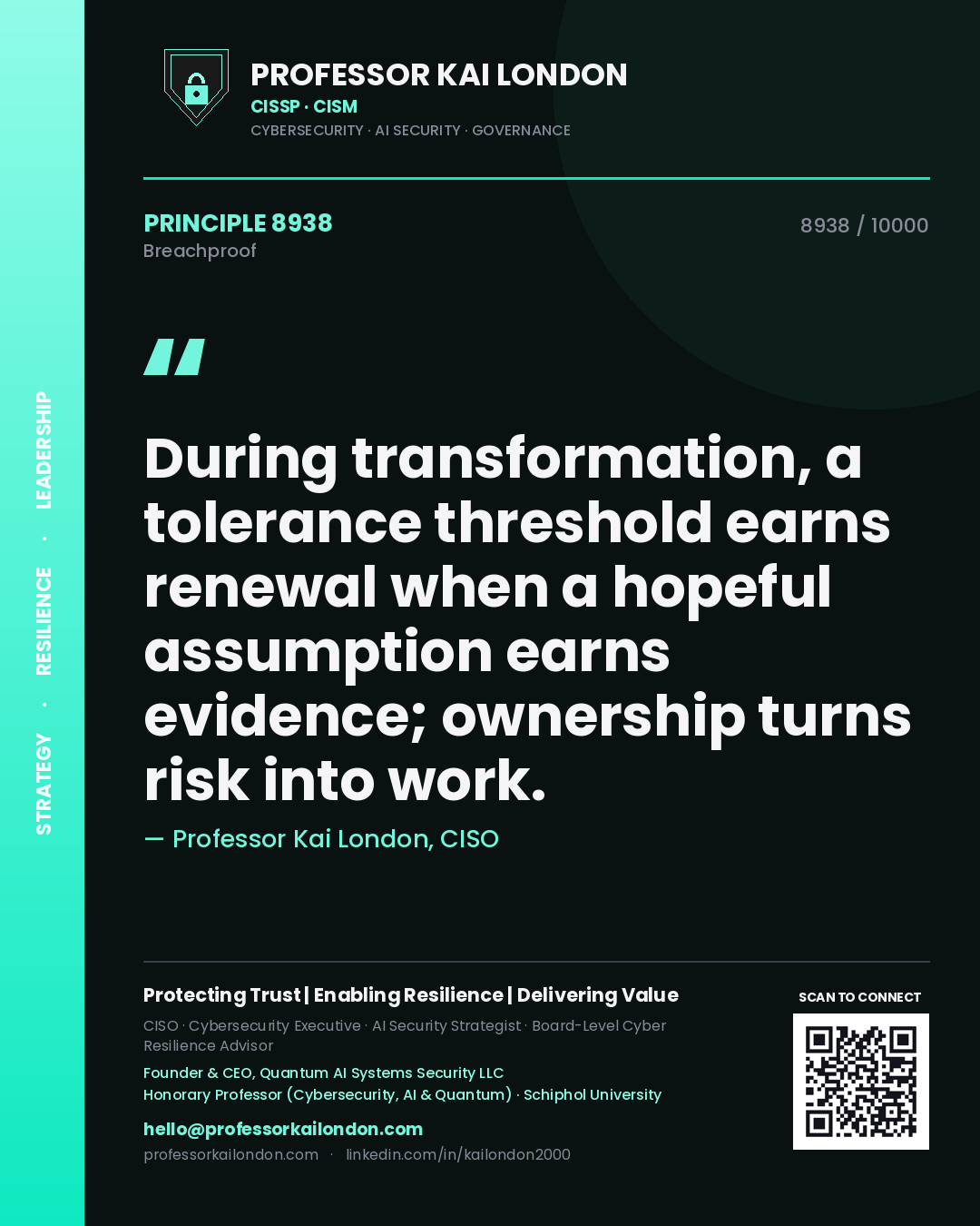 Quote card by Professor Kai London reading 'During transformation, a tolerance threshold earns renewal when a hopeful assumption earns evidence; ownership turns risk into work.'. From the book Breachproof.