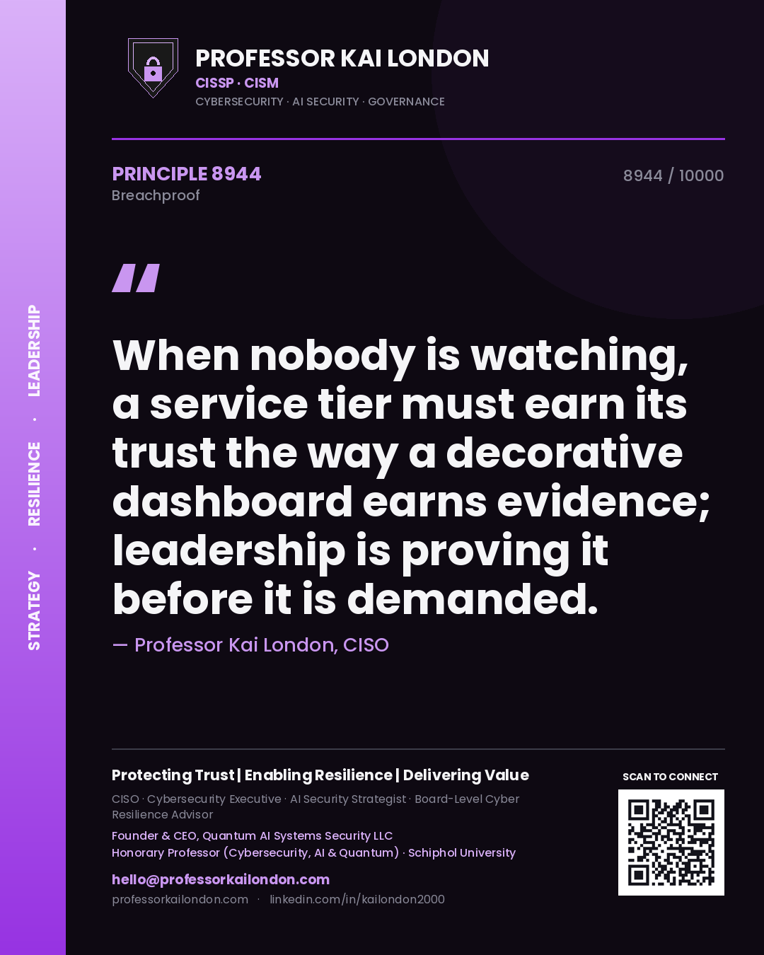 Professor Kai London principle 8944: When nobody is watching, a service tier must earn its trust the way a decorative dashboard earns evidence; leadership is proving it before it is demanded.