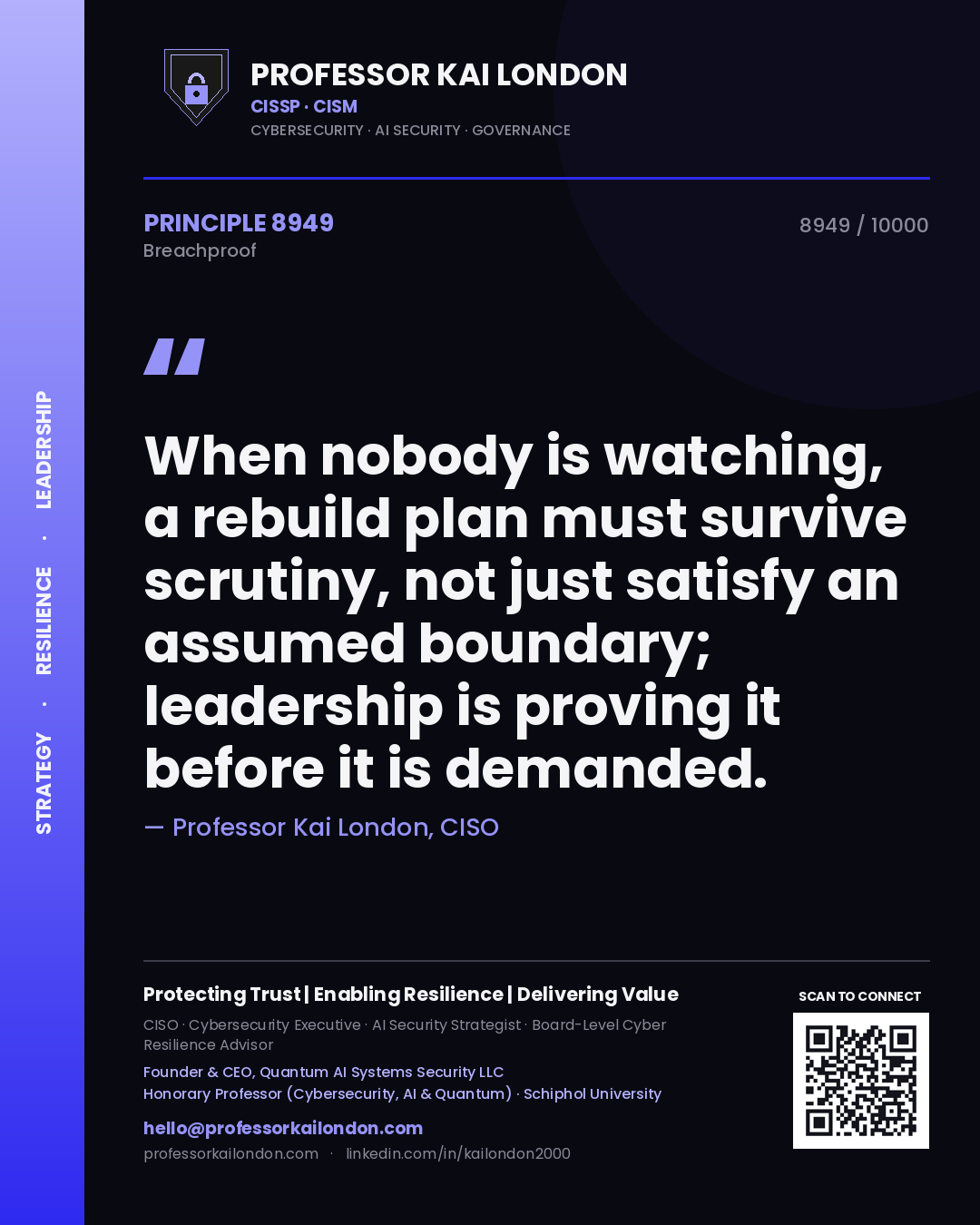 Professor Kai London principle 8949: When nobody is watching, a rebuild plan must survive scrutiny, not just satisfy an assumed boundary; leadership is proving it before it is demanded.